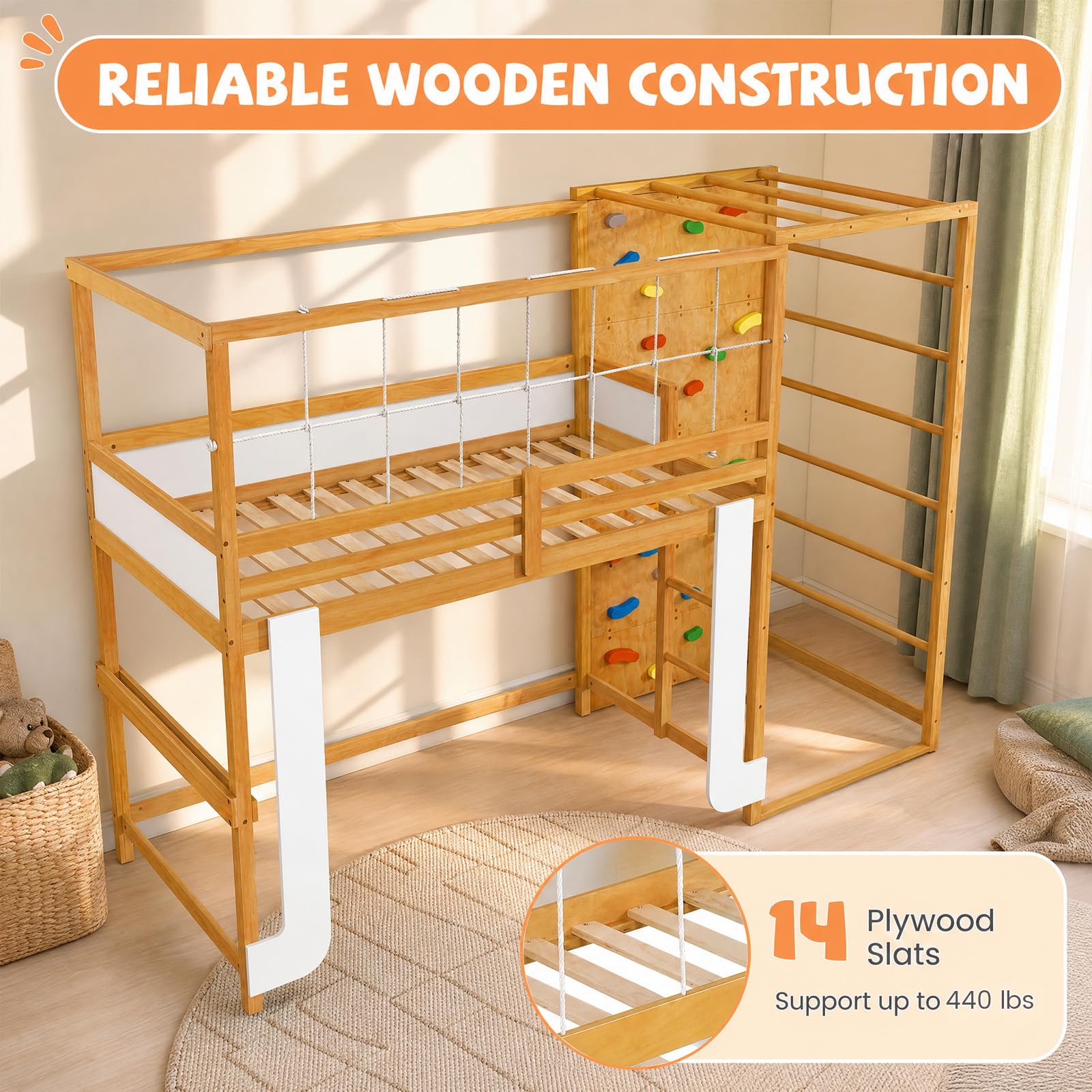 KOMFOTT Twin Bunk Bed with Jungle Gym Kids Loft Bed with Rock Wall
