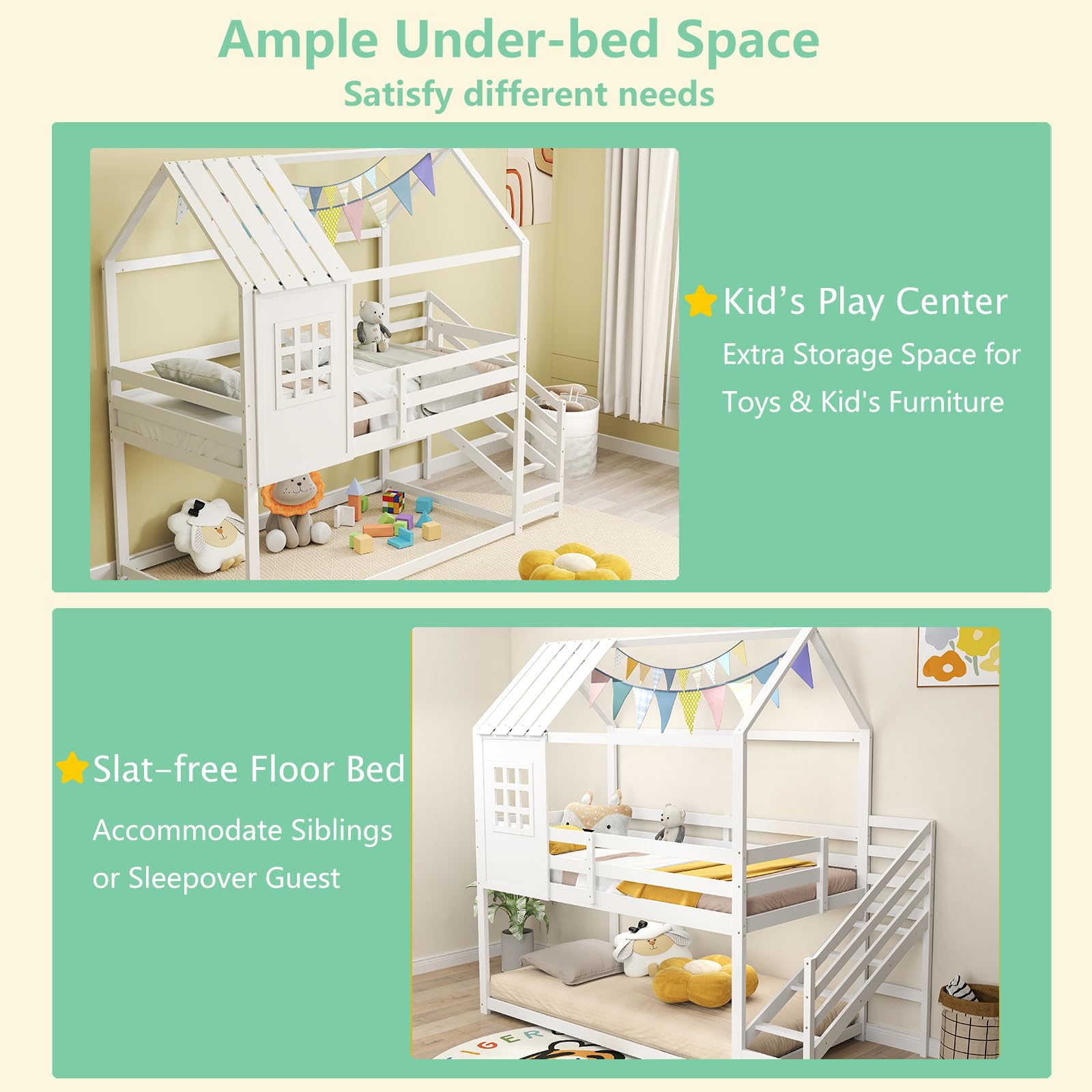 KOMFOTT Wood Twin Over Twin House Bunk Bed with Stairs