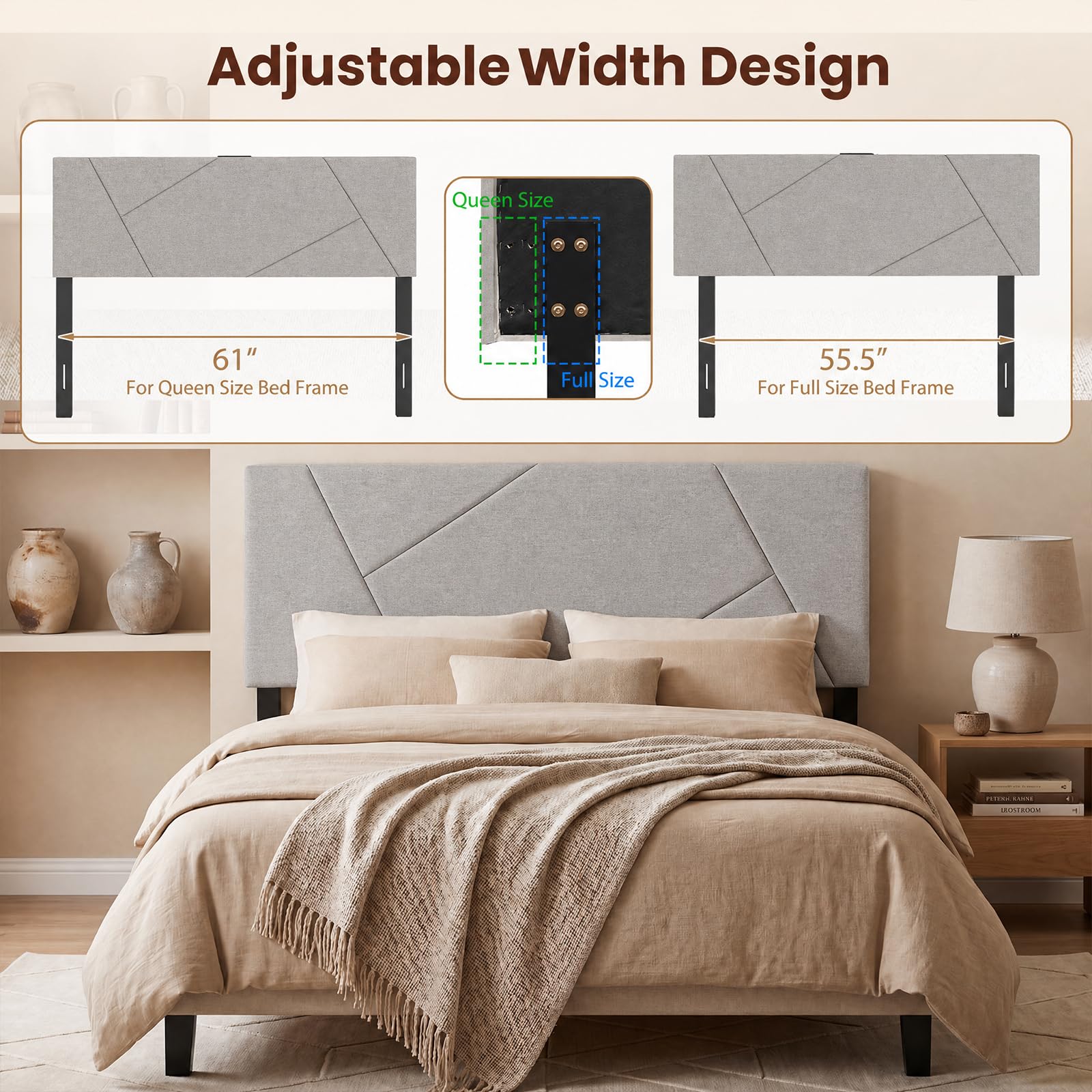 KOMFOTT Upholstered Full & Queen Headboard with Charging Station(Geometric Channel）