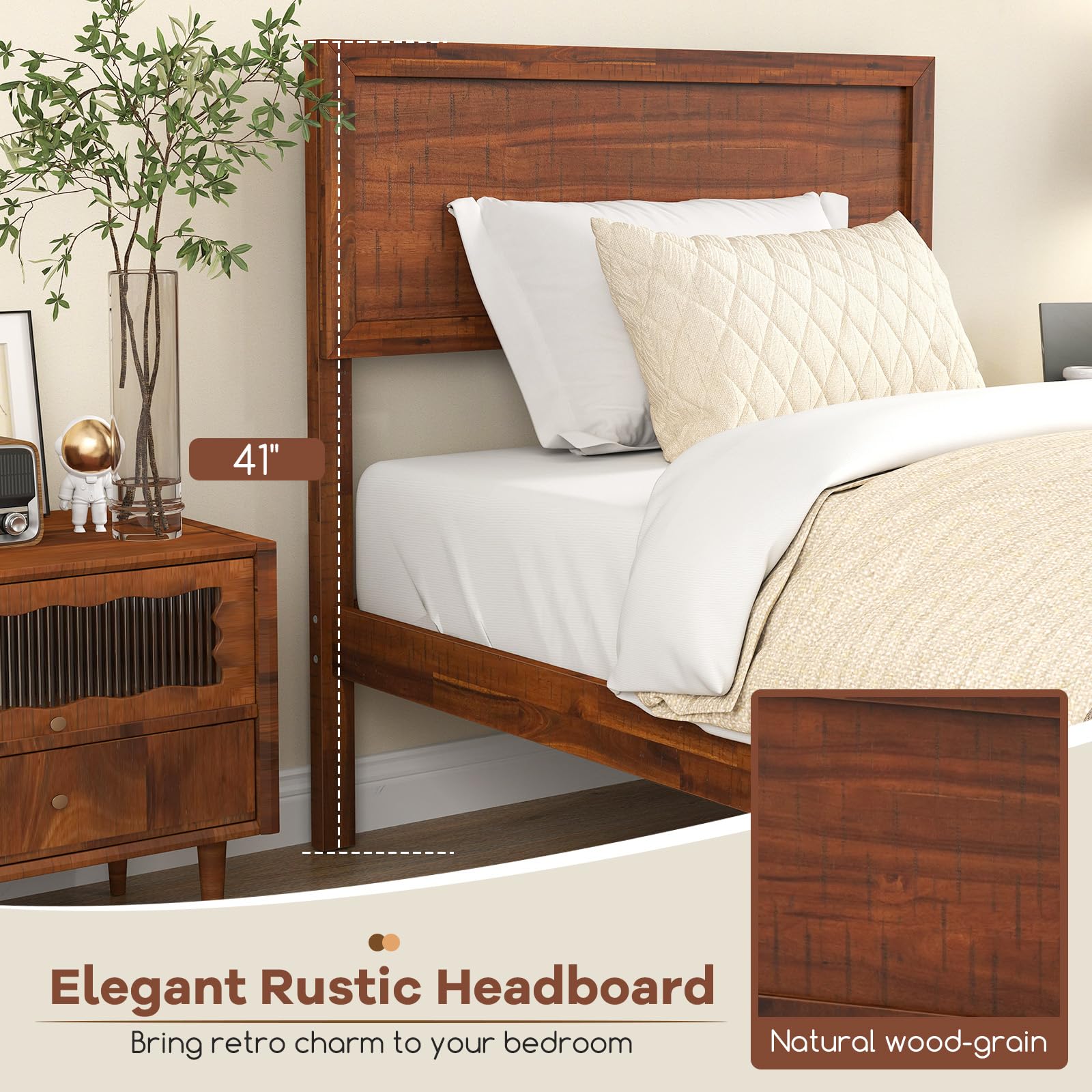 KOMFOTT Retro Wood Bed Frame with Headboard