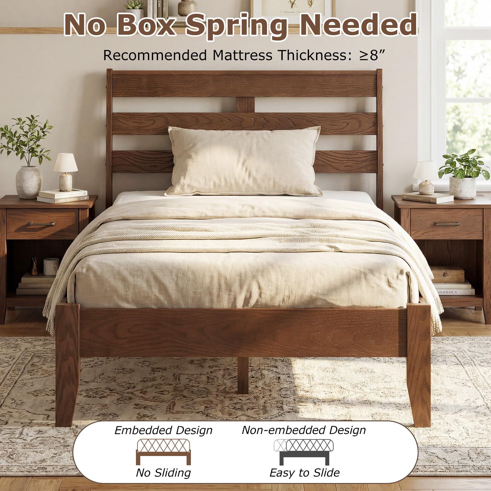 KOMFOTT Twin/Full/Queen Size Rubber Wood Bed Frame with Headboard