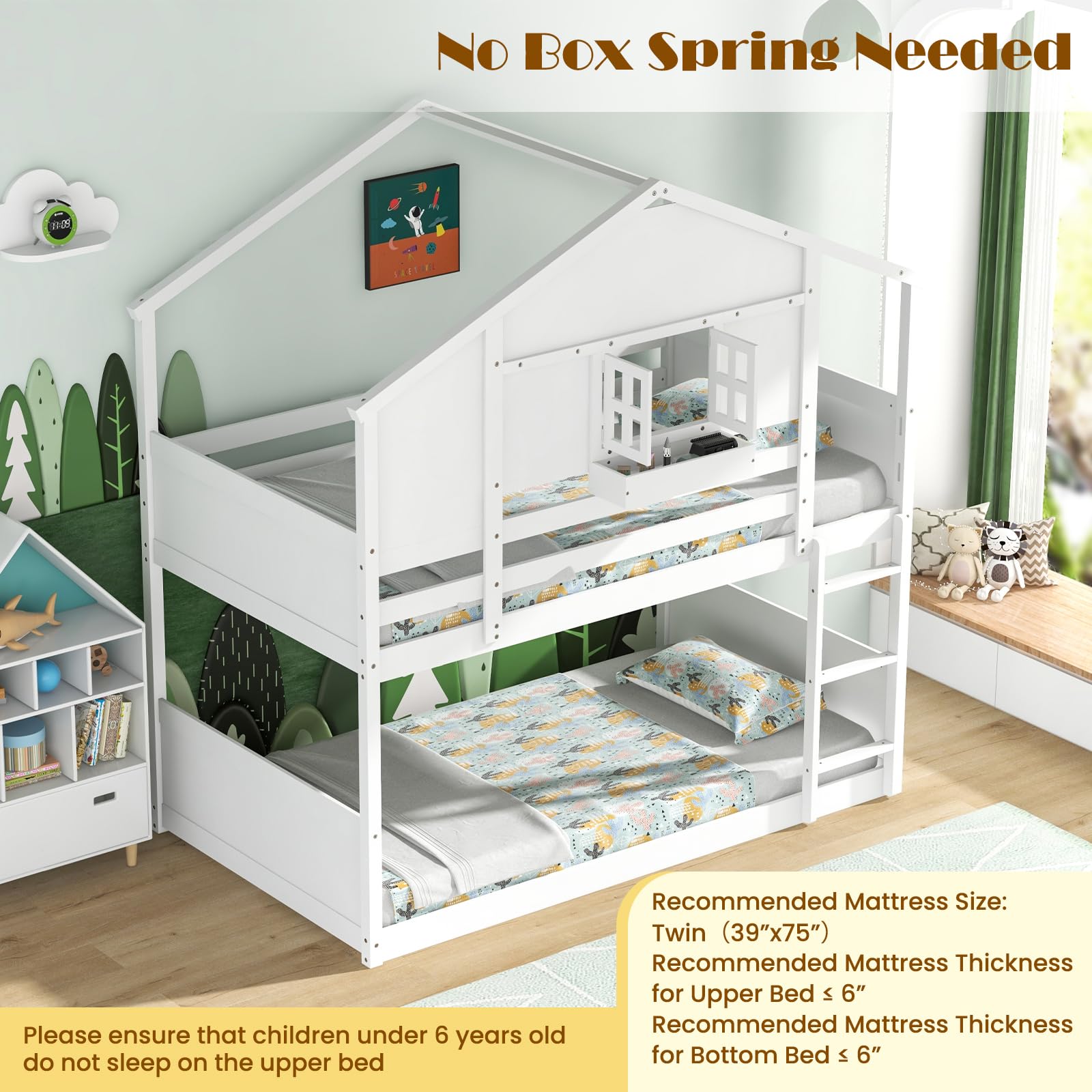 KOMFOTT Twin Over Twin Wood House Bunk Bed for Kids with Roof, Window Door, Storage Box, Safety Guardrails, Wood Slats & Ladder