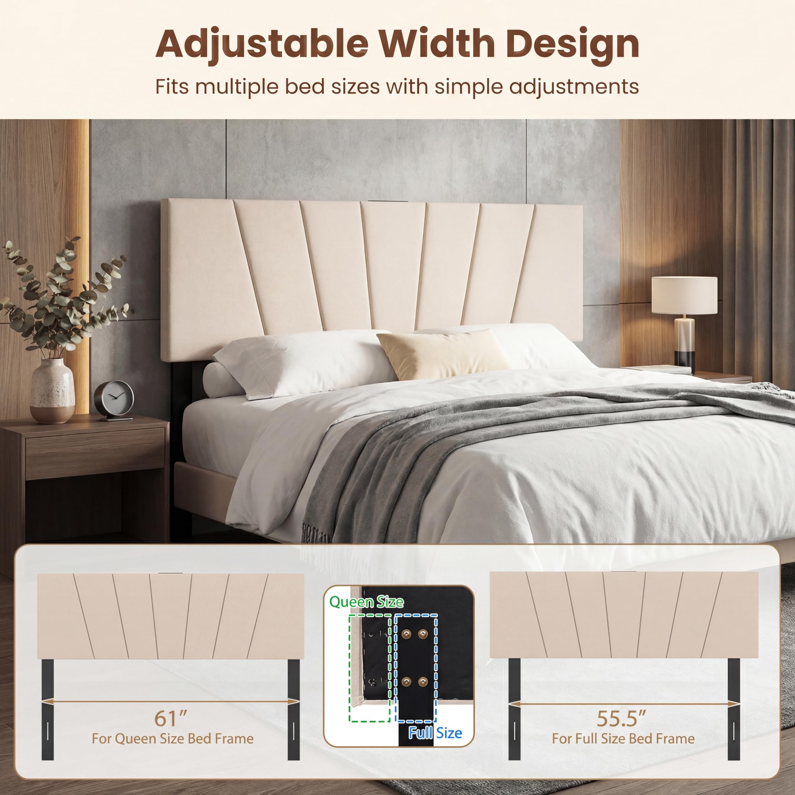 KOMFOTT Upholstered Full & Queen Headboard with Charging Station(Vertical Channel)