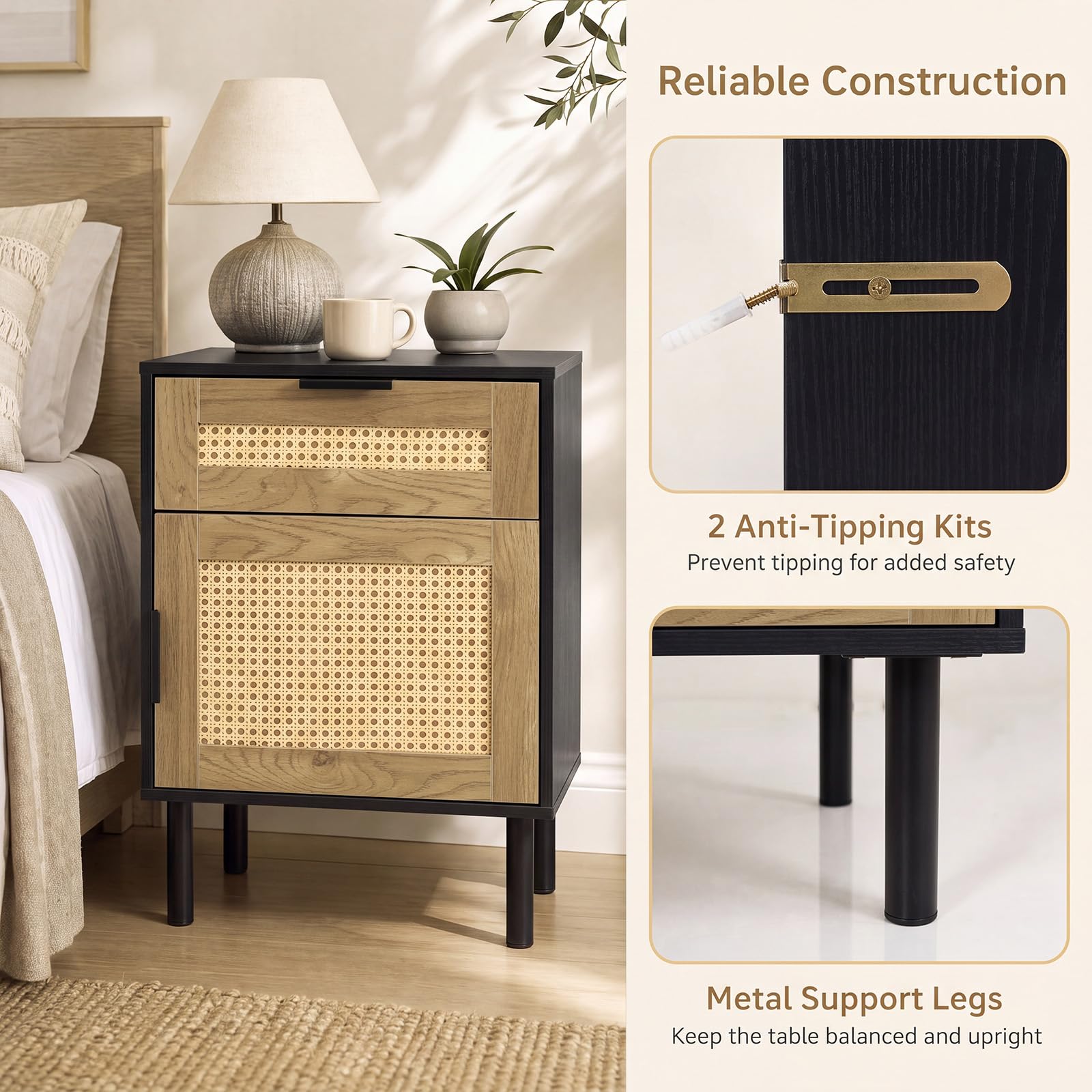 KOMFOTT Set of 2 Rattan Nightstand w/Drawer & Storage Cabinet