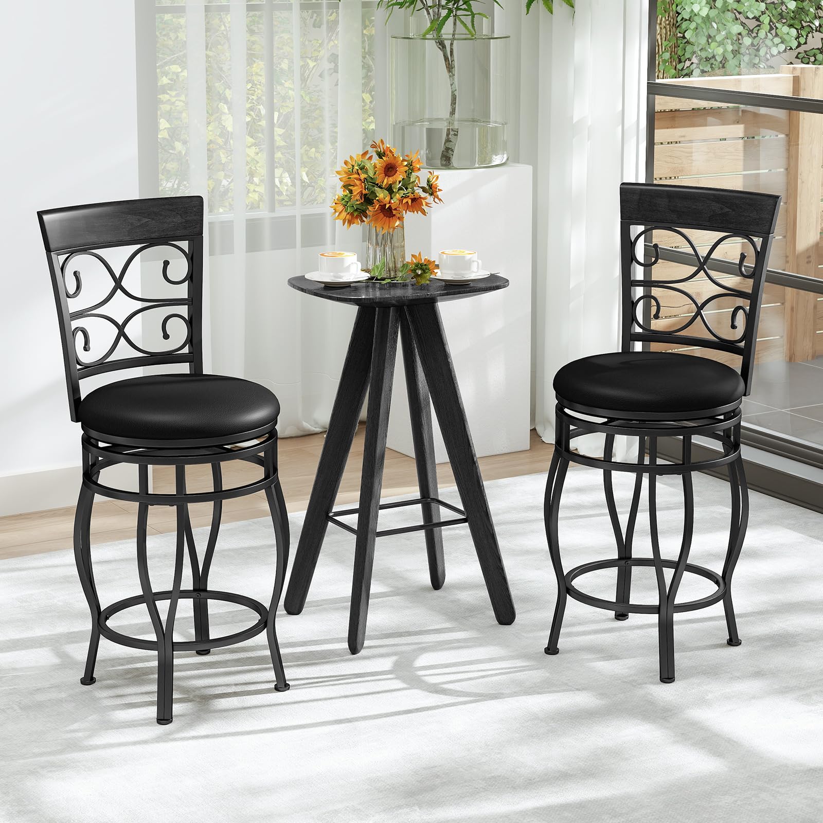 KOMFOTT Swivel Bar Stools Set of 2/4, Counter Height Bar Stools with Back, Upholstered PU Leather Seat, Footrest