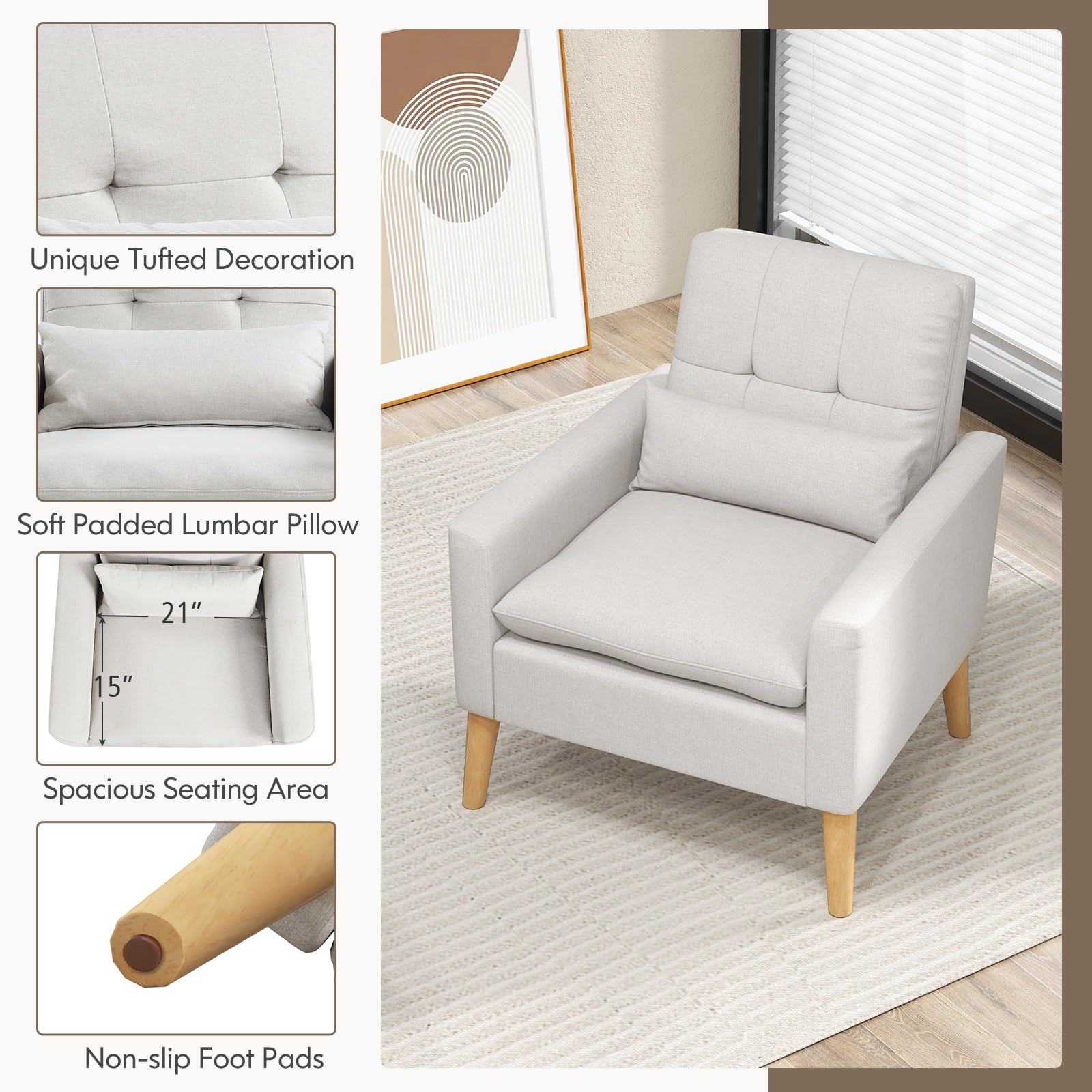 KOMFOTT Modern Linen Accent Chair, Upholstered Tufted Armchair with Lumbar Pillow, Rubber Wood Legs, Padded Cushion