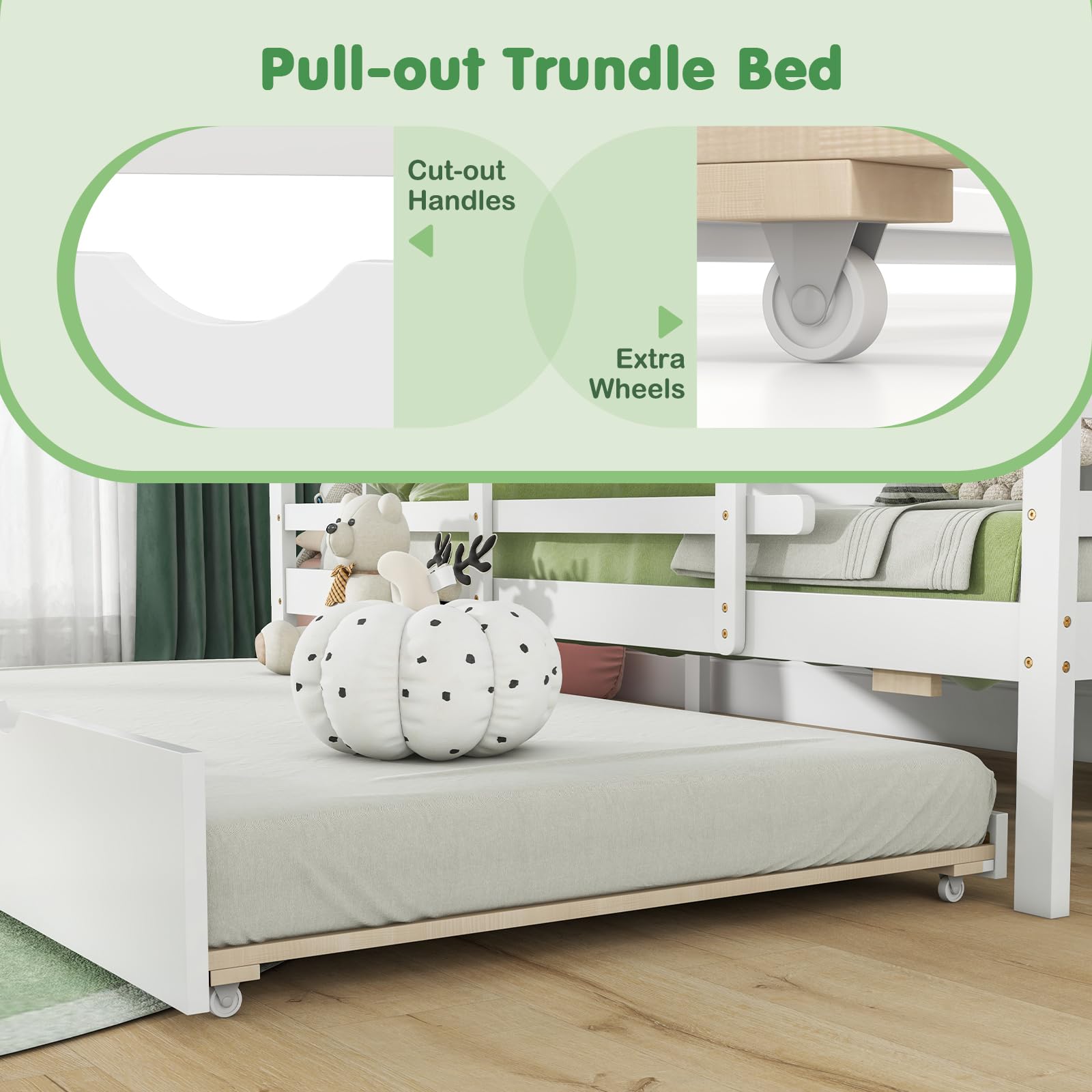 KOMFOTT House Bed with Trundle Wood Bed Frame with Safety Rails & Roof