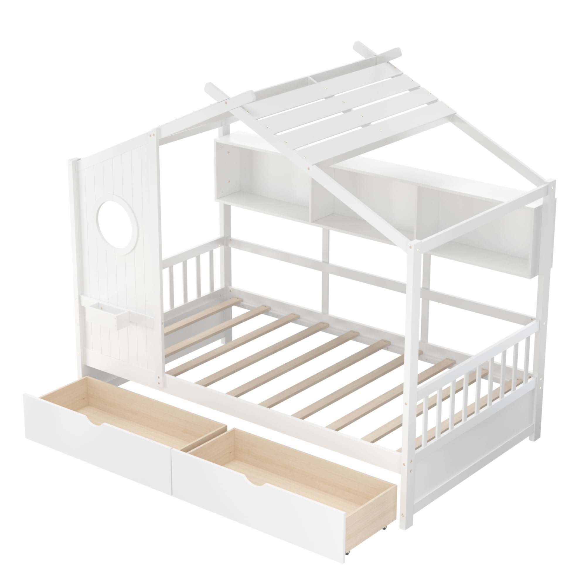 KOMFOTT Twin Size Wood House Bed with 2 Drawers(Twin with Drawers)
