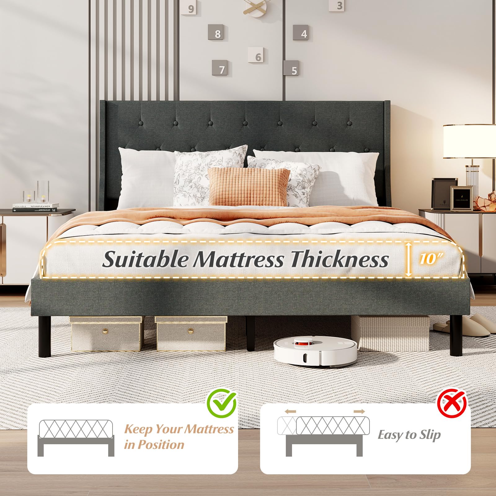 KOMFOTT Queen Size Linen Upholstered Bed Frame