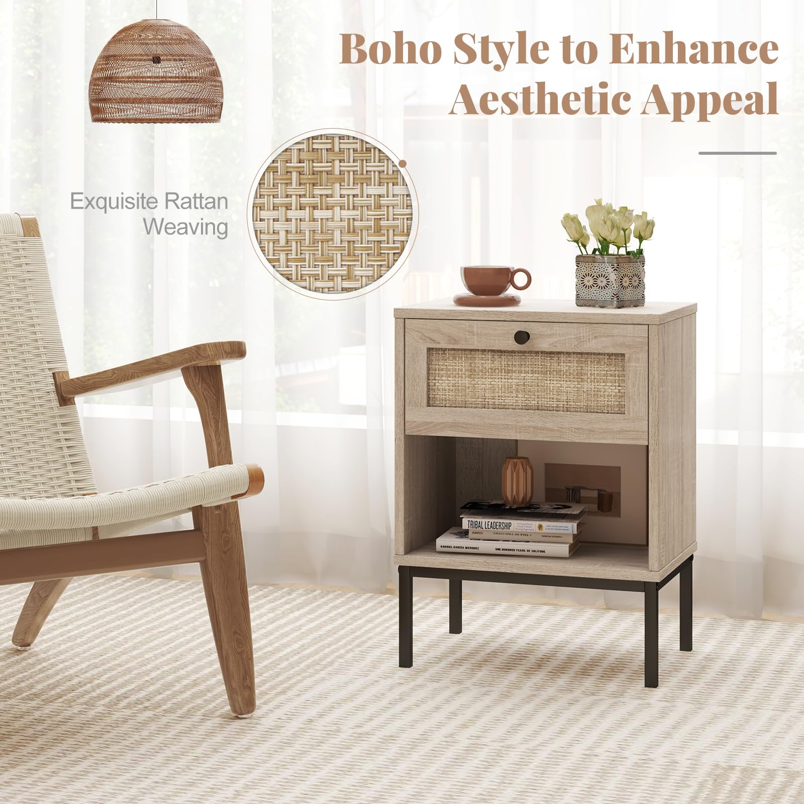 KOMFOTT Rattan Nightstand with Drawer & Open Storage Shelf