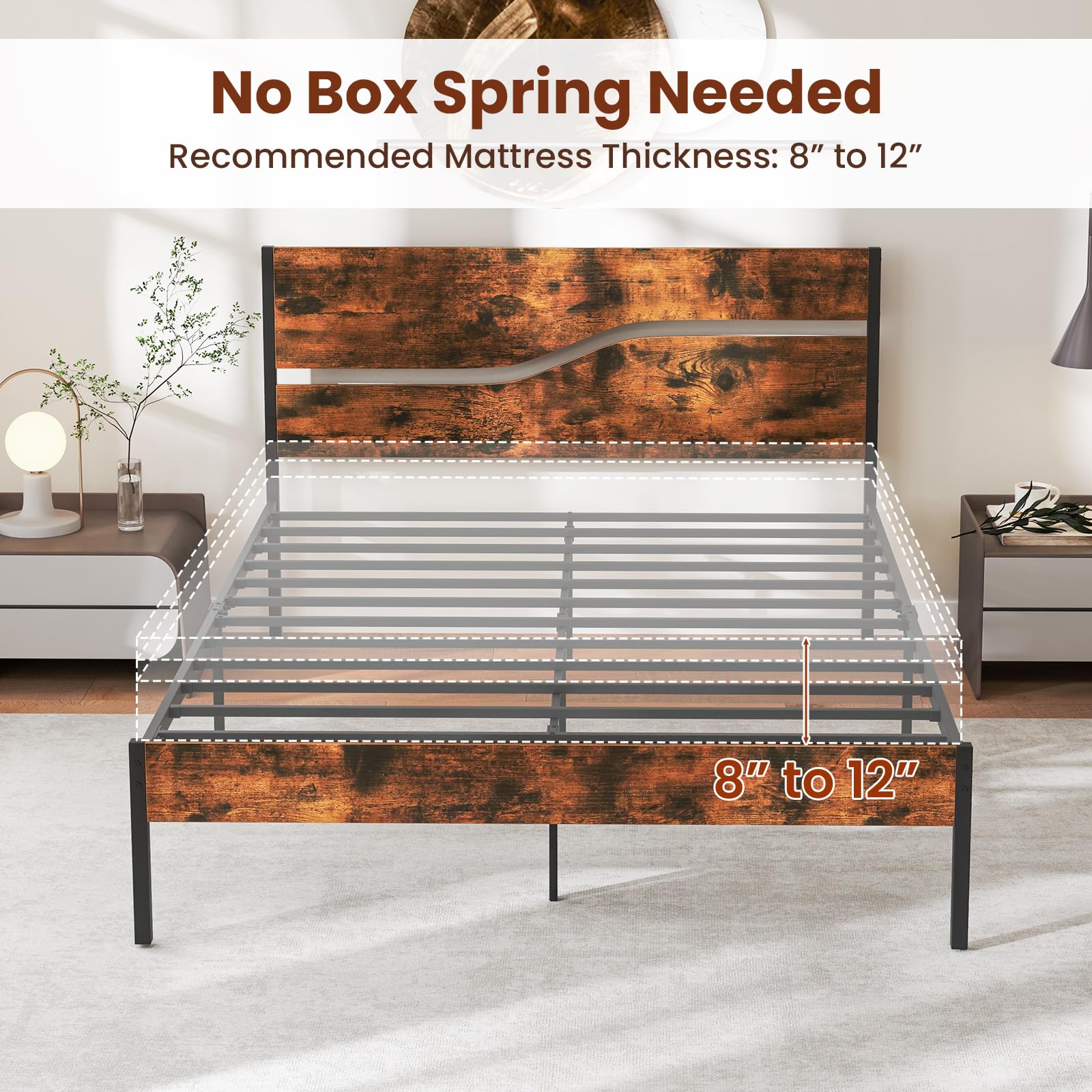 KOMFOTT Queen Size Metal Platform Bed Frame with Headboard