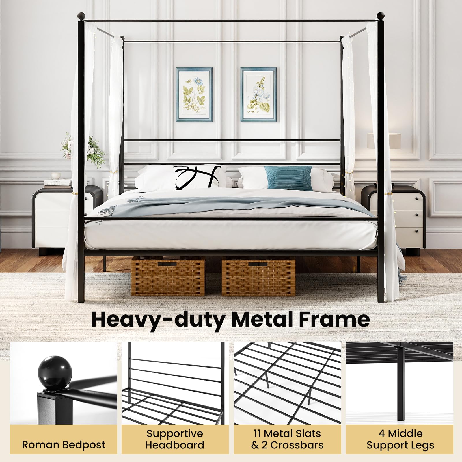 KOMFOTT Twin/Full/Queen/King Size Metal Canopy Bed Frame