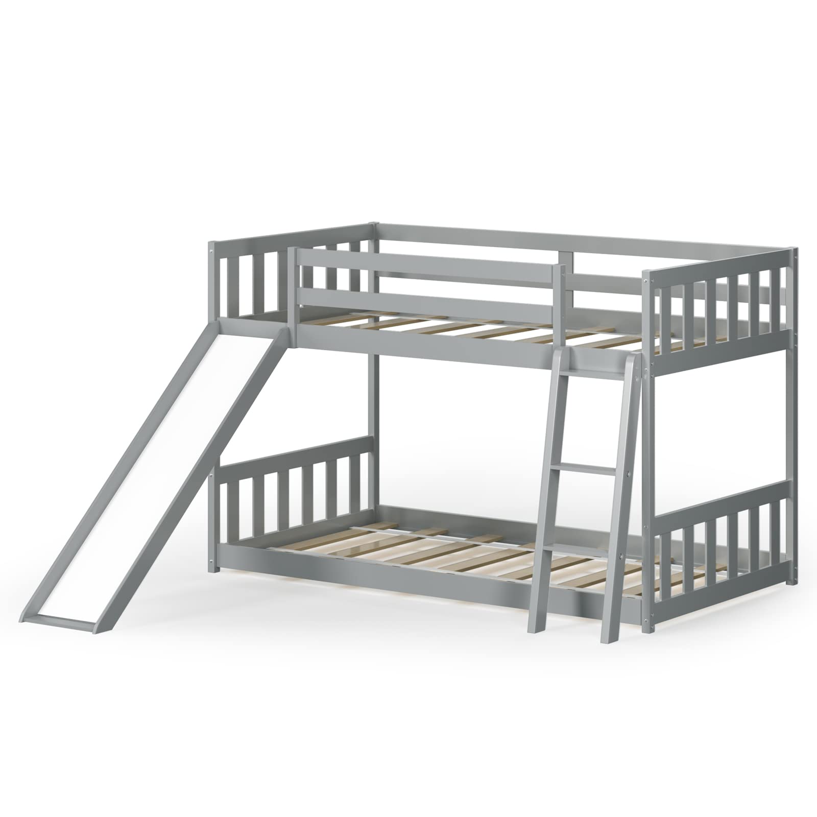 KOMFOTT Wood Bunk Bed Twin Over Twin Bunk Bed Frame w/Convertible Slide