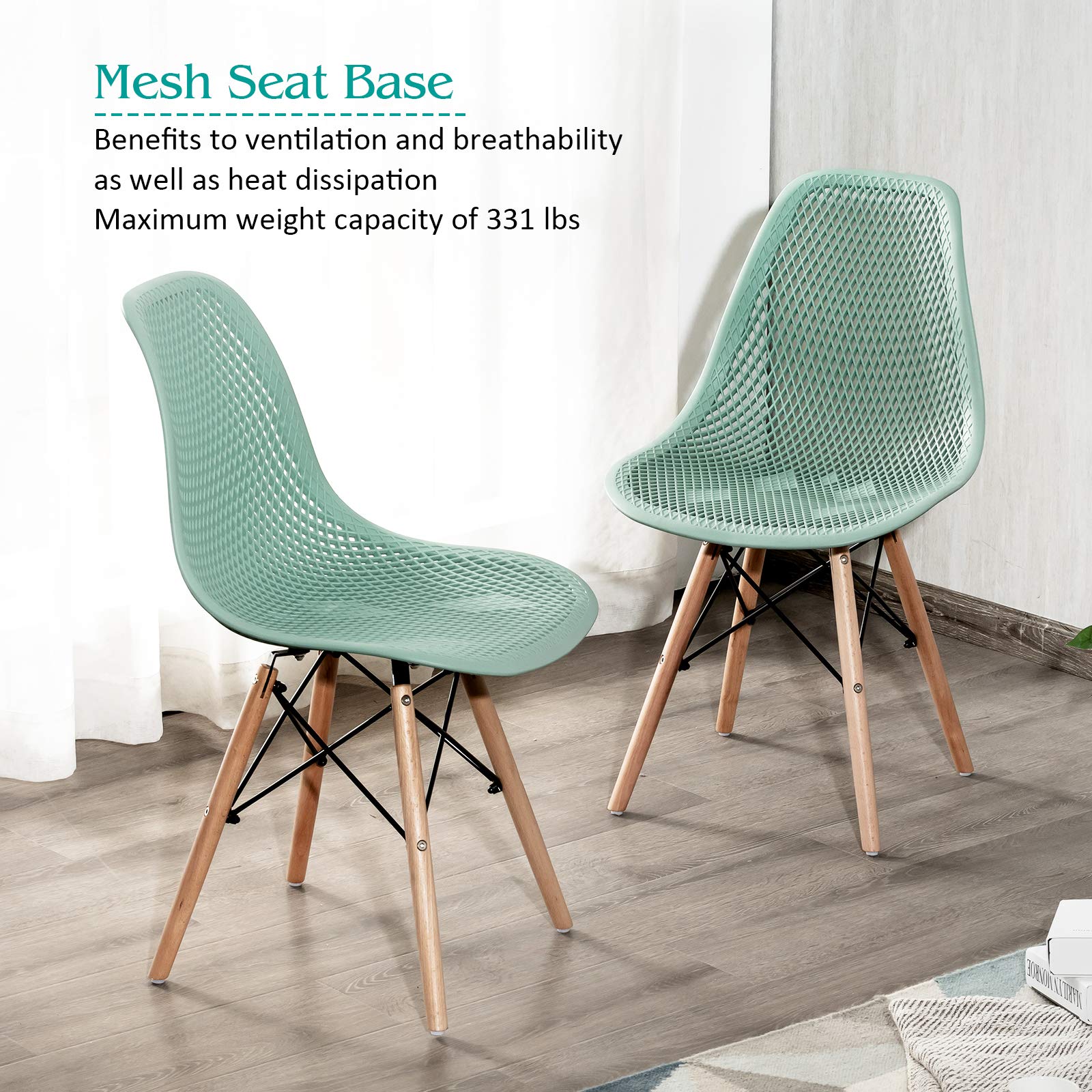 KOMFOTT Set of 2/4 Modern Dining Chairs, Outdoor Indoor Shell PP Lounge Side Chairs with Mesh Design, Beech Wood Legs