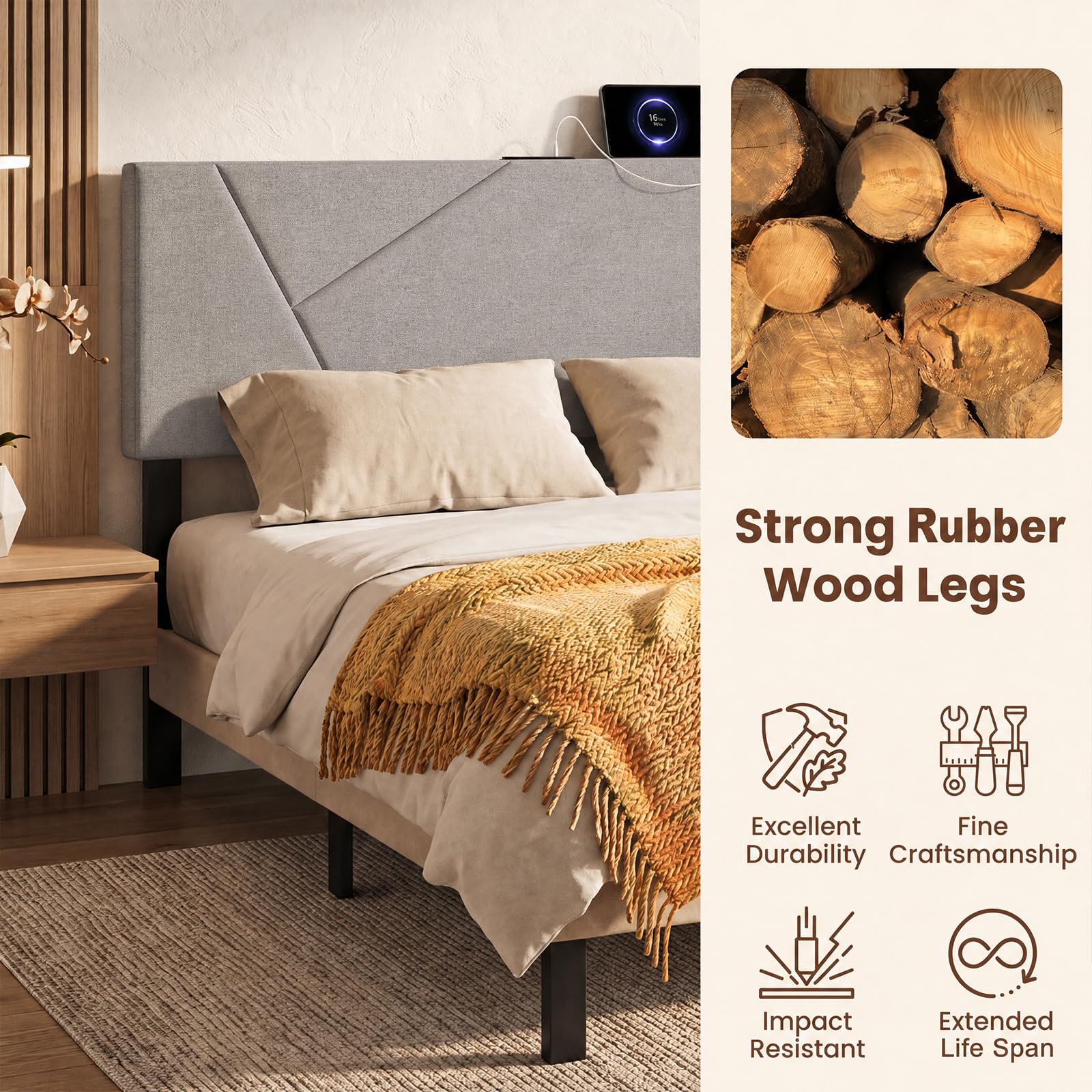 KOMFOTT Upholstered Full & Queen Headboard with Charging Station(Geometric Channel）