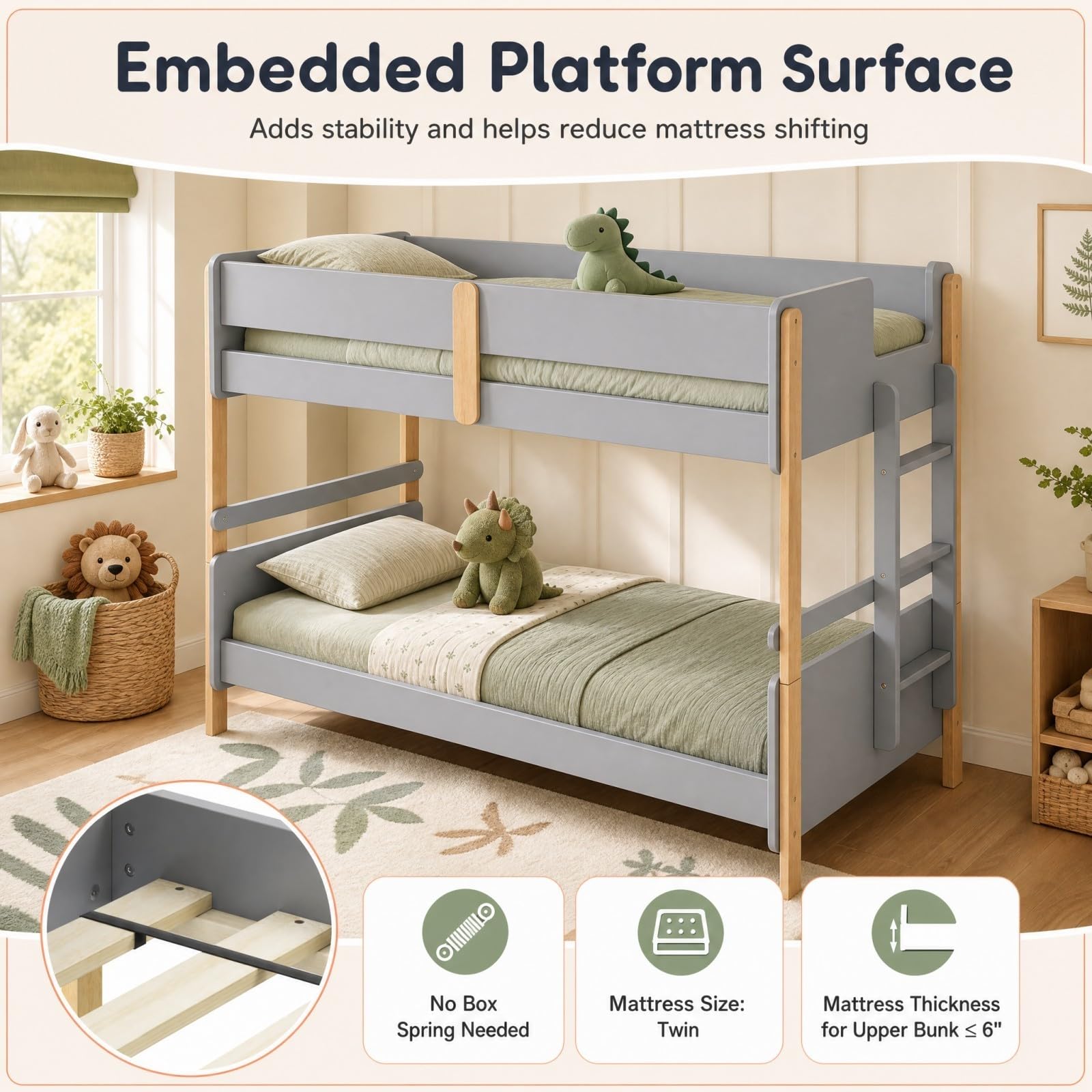 KOMFOTT Bunk Bed Twin Over Twin, Converts into 2 Twin Beds(Side Ladder)