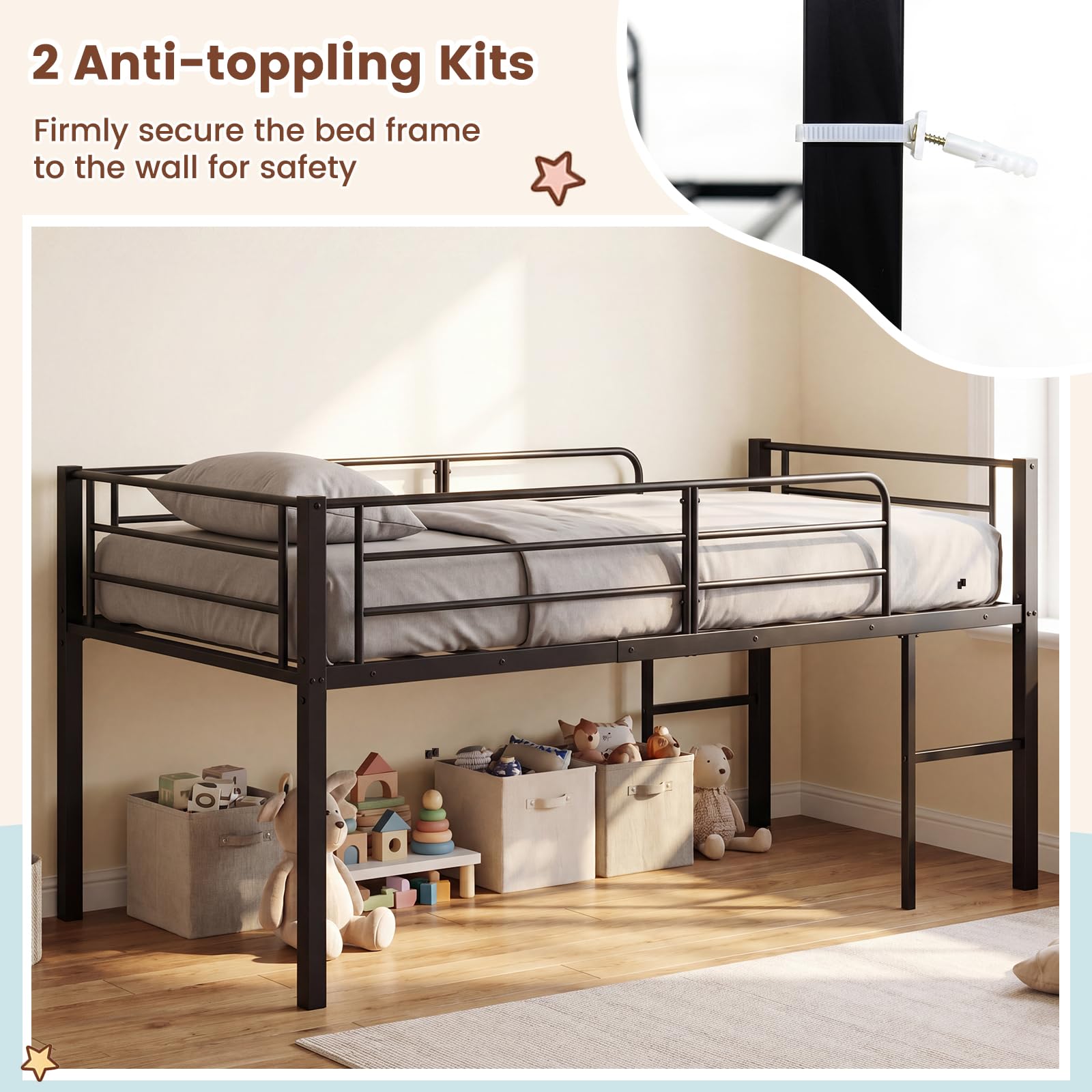 KOMFOTT Twin Size Low Loft Bed Heavy Duty Metal Bed Frame