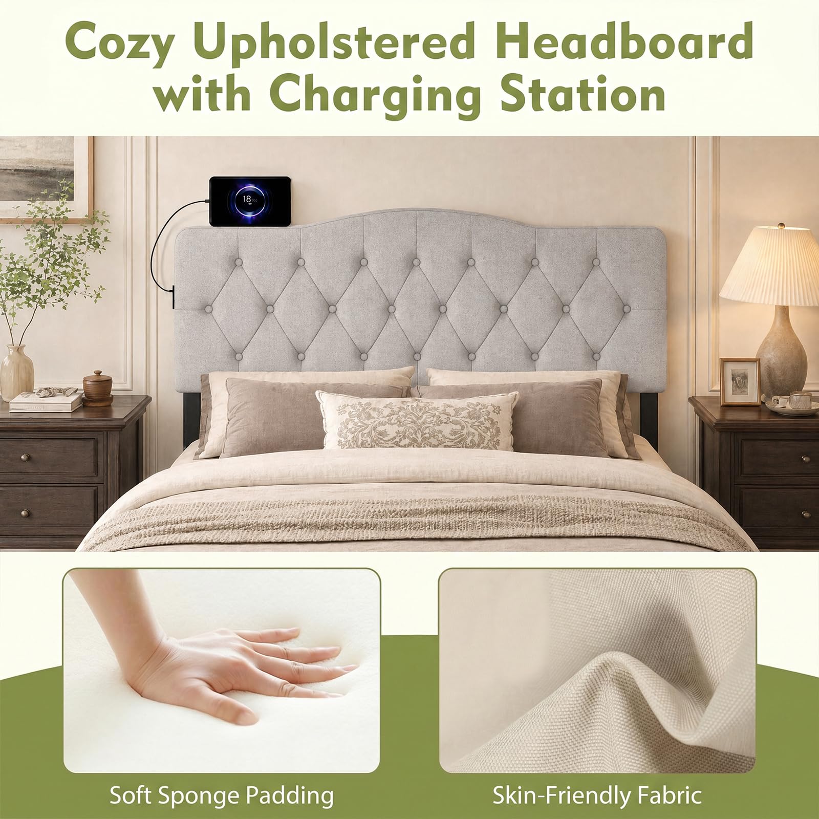 KOMFOTT Modern Headboard with Charging Station for Queen & Full Bed(Curved Button Tufted)