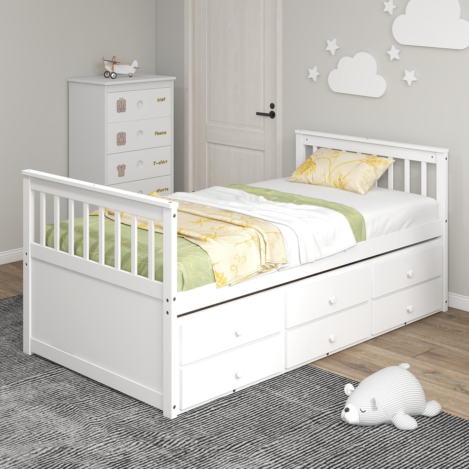 KOMFOTT Twin Captain’s Bed with Trundle Bed, Wood Storage Daybed with 3 Storage Drawers