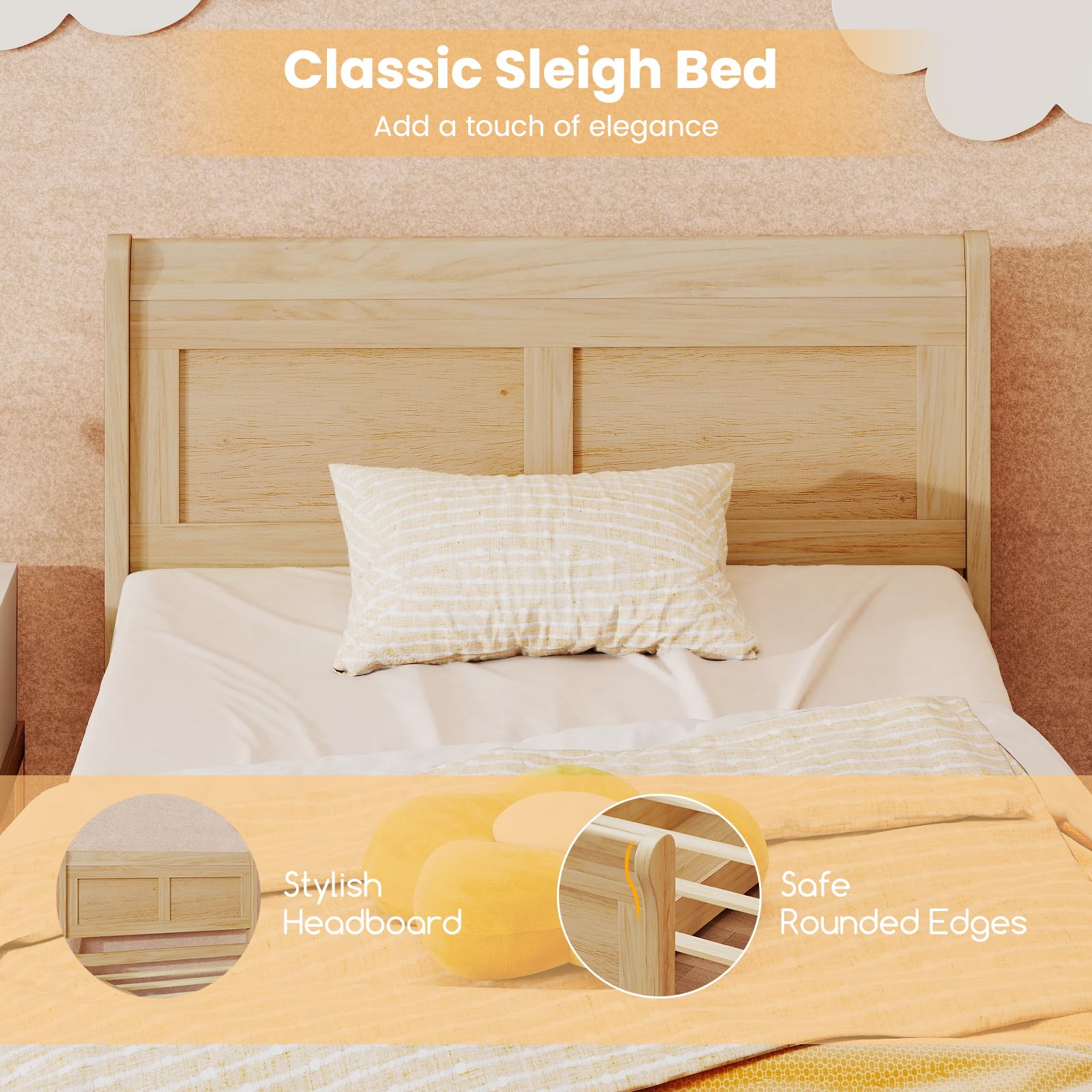 KOMFOTT Twin Size Sleigh Wood Bed Frame with 2 Storage Drawers