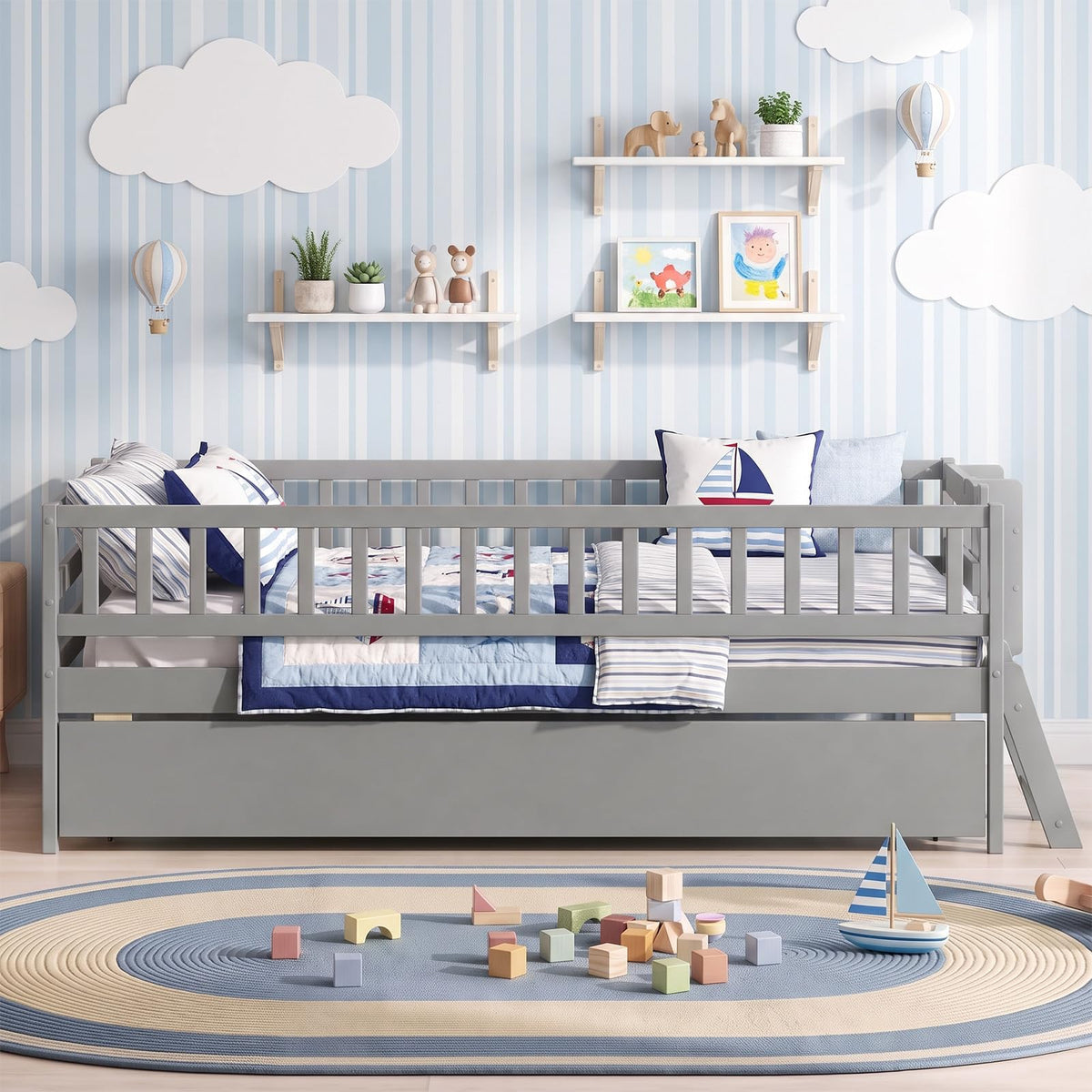 KOMFOTT Twin Bed Frame with Trundle & Bookshelf(with Trundle)