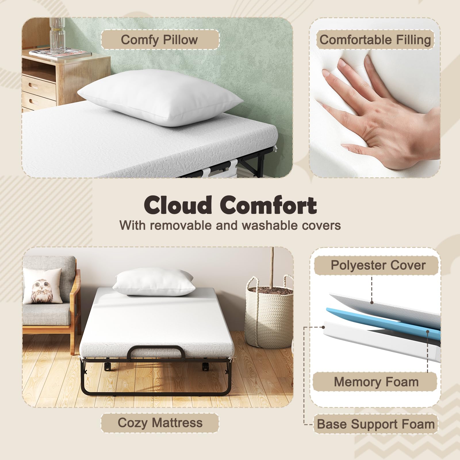 KOMFOTT Twin Size Folding Bed with Memory Foam Mattress & Pillow（75” x 39”）
