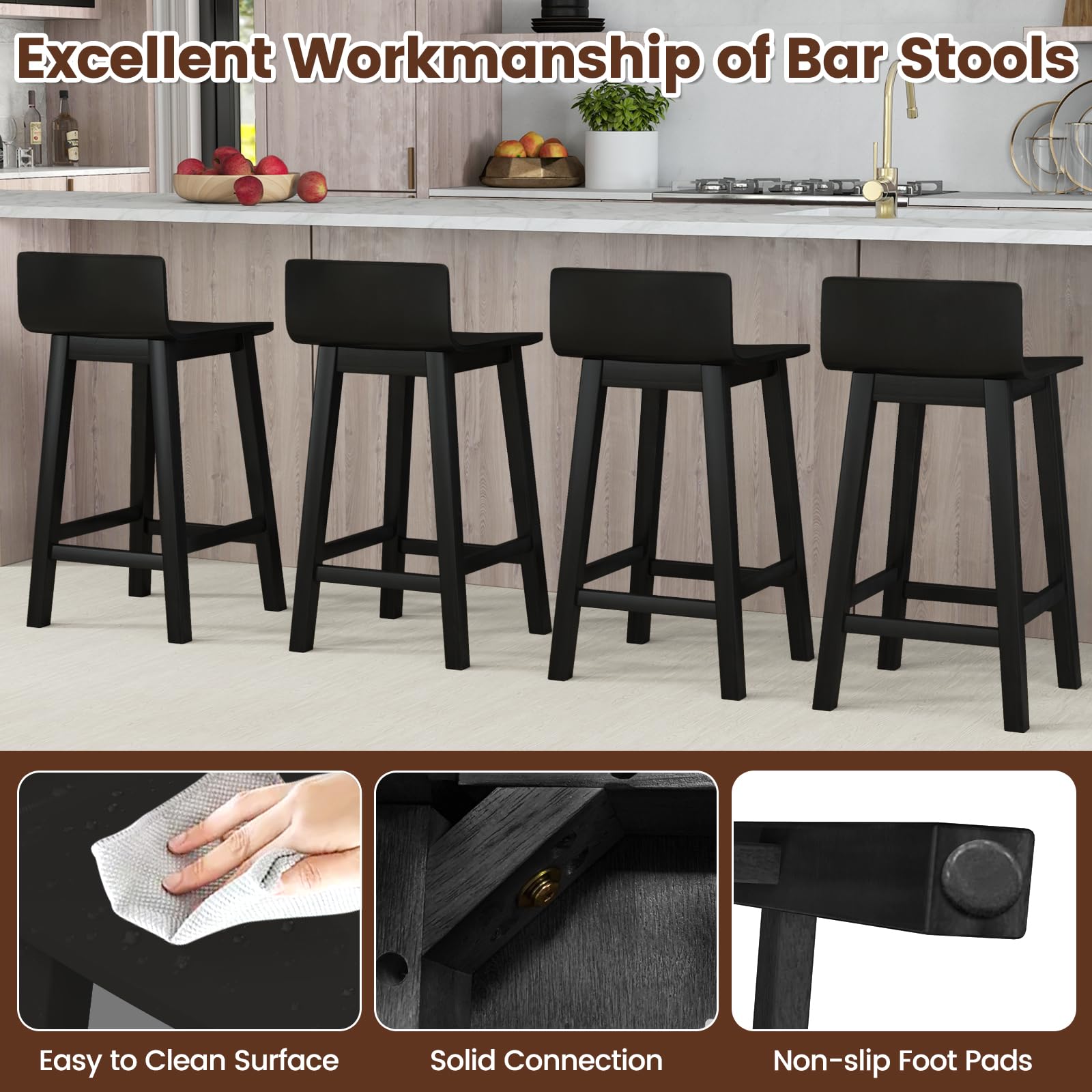 KOMFOTT Solid Wood Bar Stools Set of 2/4, Counter Height Chairs with Low Back and Footrest