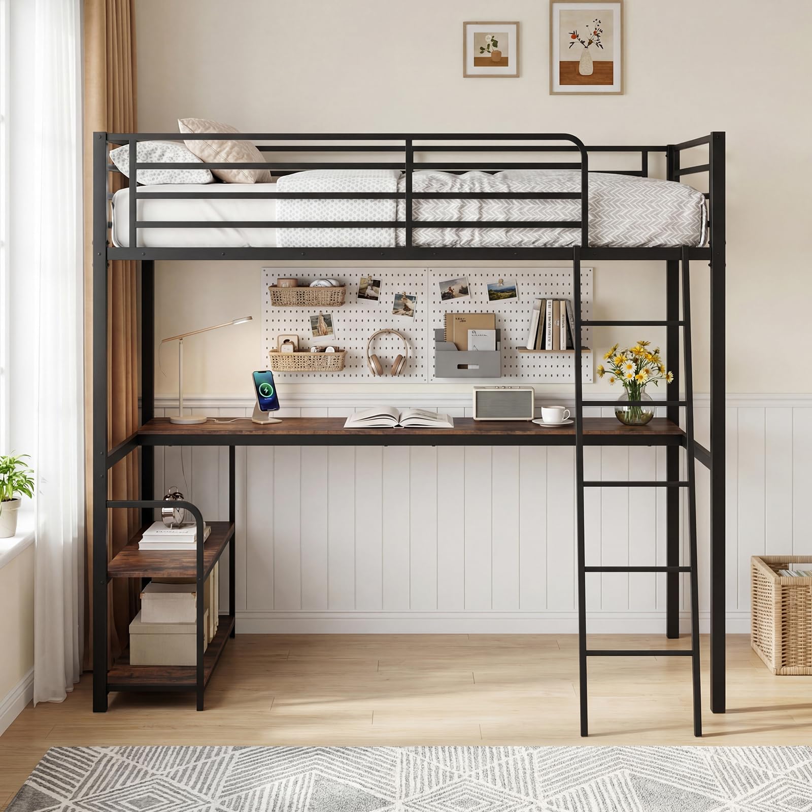 KOMFOTT Twin Loft Bed with Desk & Shelves Heavy Duty Metal Bed Frame