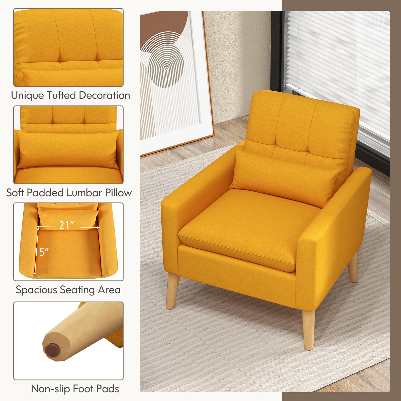 KOMFOTT Modern Linen Accent Chair, Upholstered Tufted Armchair with Lumbar Pillow, Rubber Wood Legs, Padded Cushion
