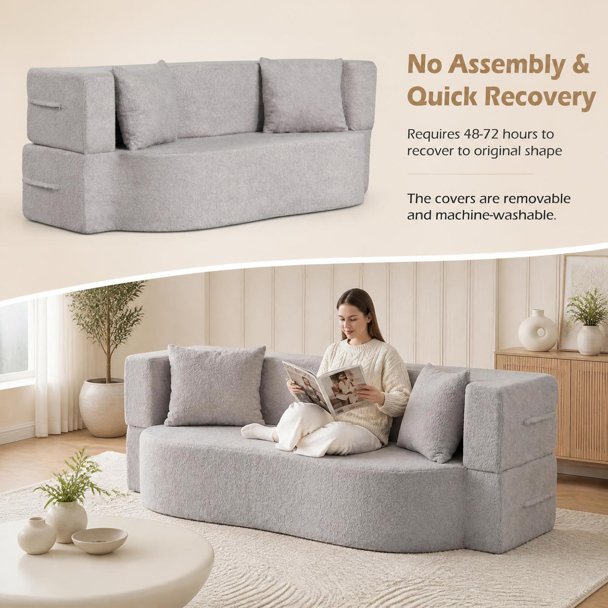 KOMFOTT 2-in-1 Folding Sofa Bed Convertible Loveseat Sofa in Teddy Fleece