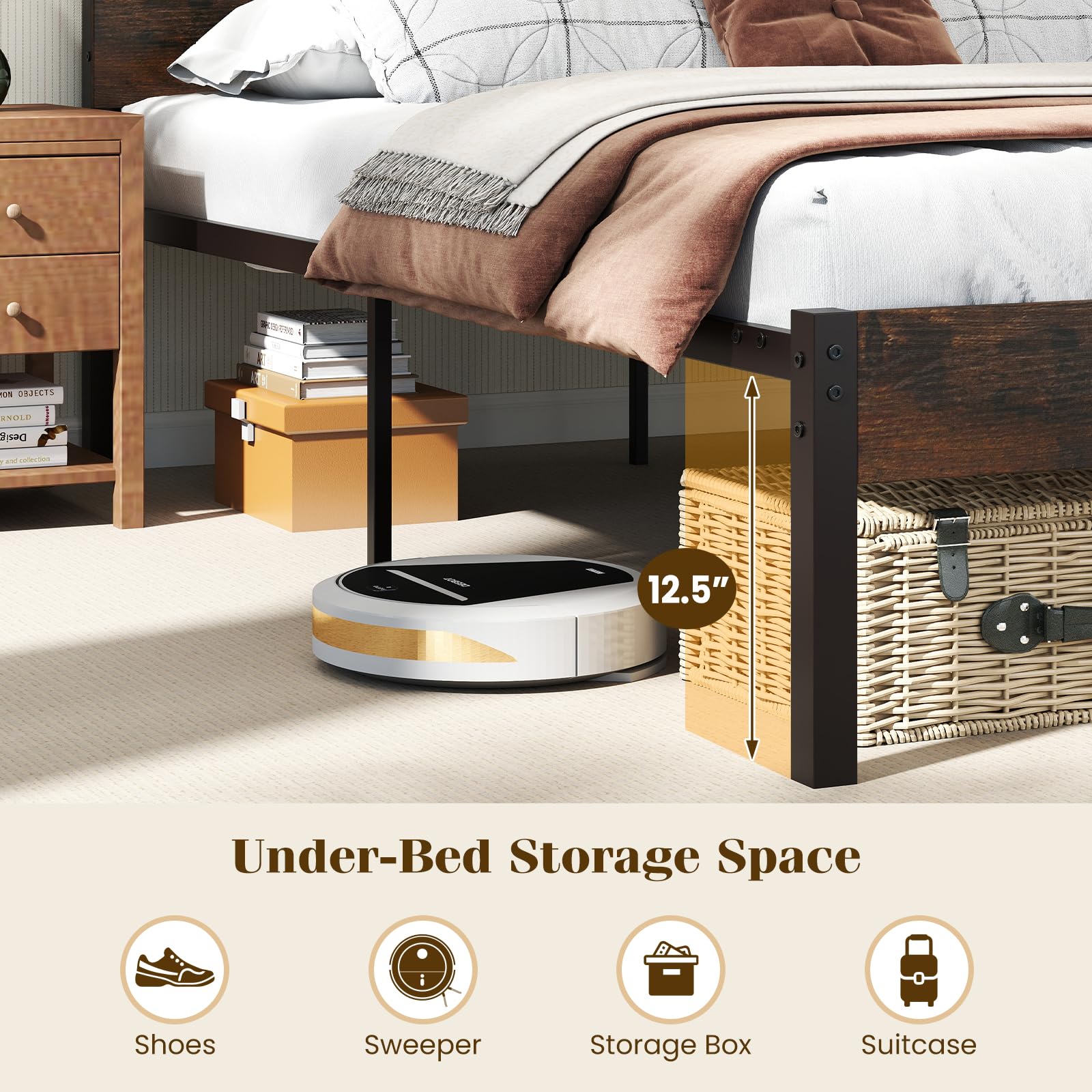 KOMFOTT Full Metal Bed Frame with Headboard & Charging Station
