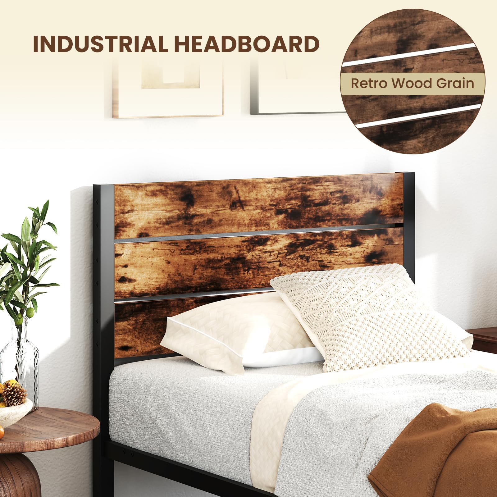 KOMFOTT  Metal Bed Frame Industrial Platform Bed Frame with Headboard