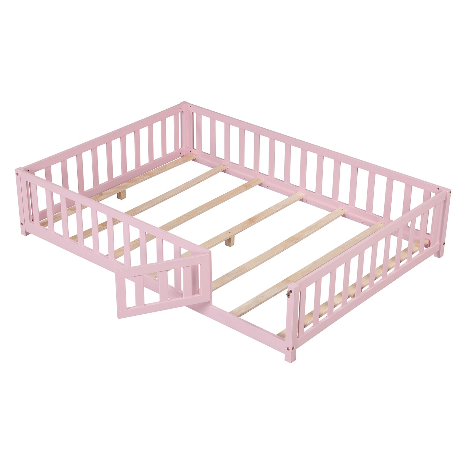 KOMFOTT Full Size Wood Floor Bed with Door & Fence(Full with Slats)