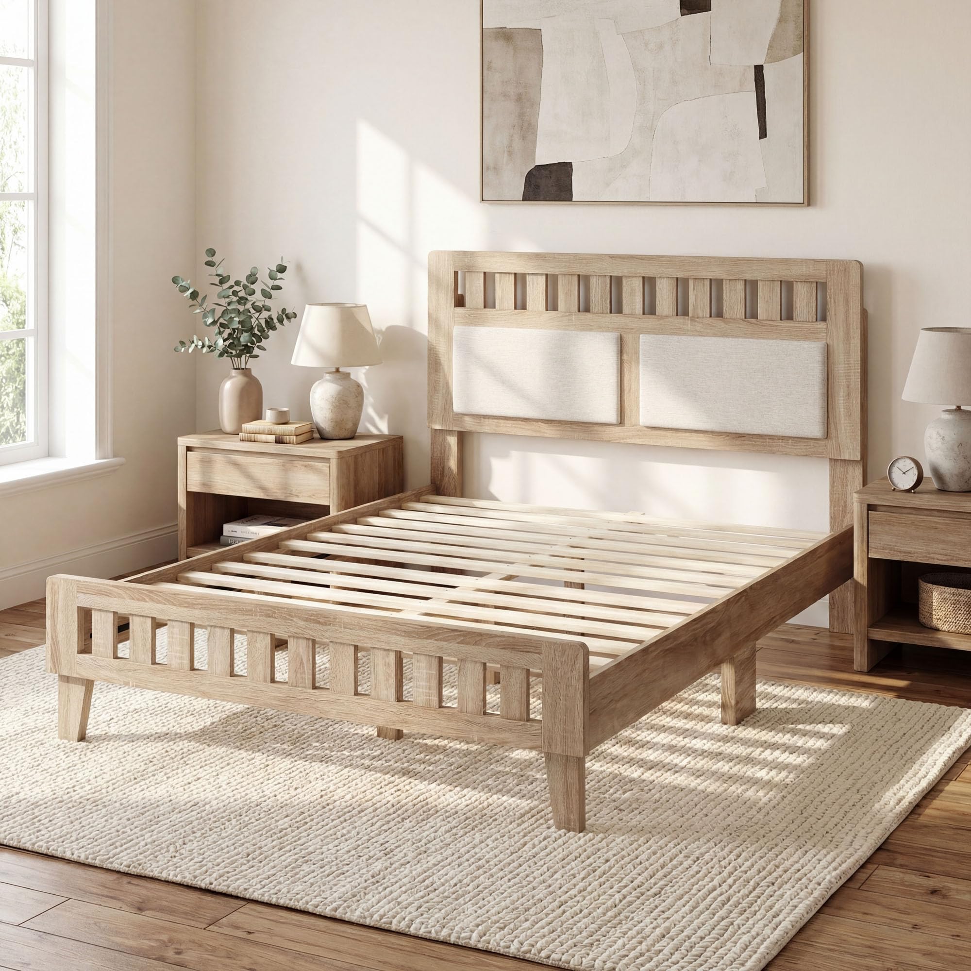 KOMFOTT Full/Twin/Queen Wood Bed Frame with Upholstered Headboard