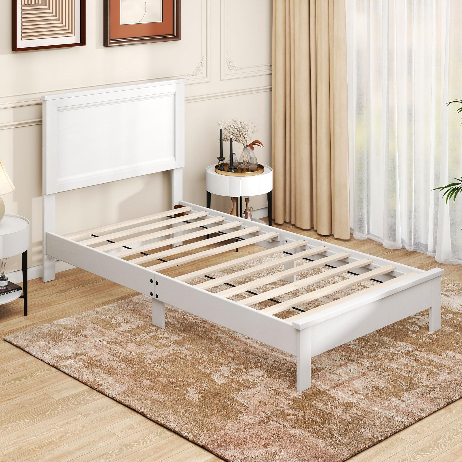 KOMFOTT Mid-Century Modern Platform Bed with Headboard, Solid Wood Legs