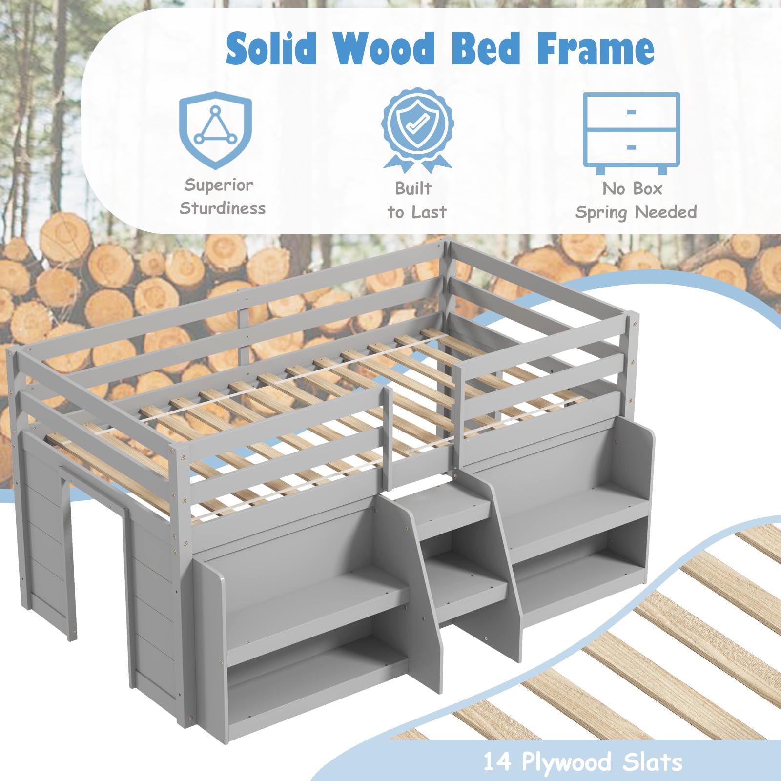 KOMFOTT Low Loft Bed with LED Light & 2 Bookcases