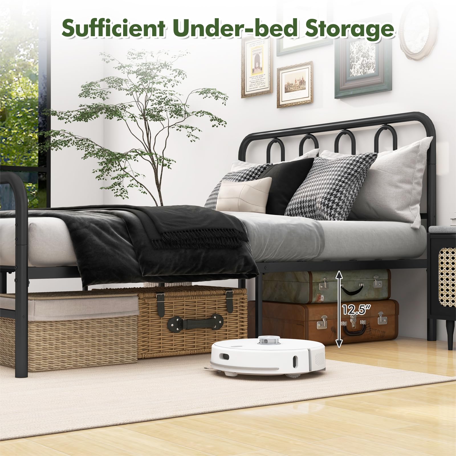 KOMFOTT Metal Platform Bed Frame with Headboard & Footboard