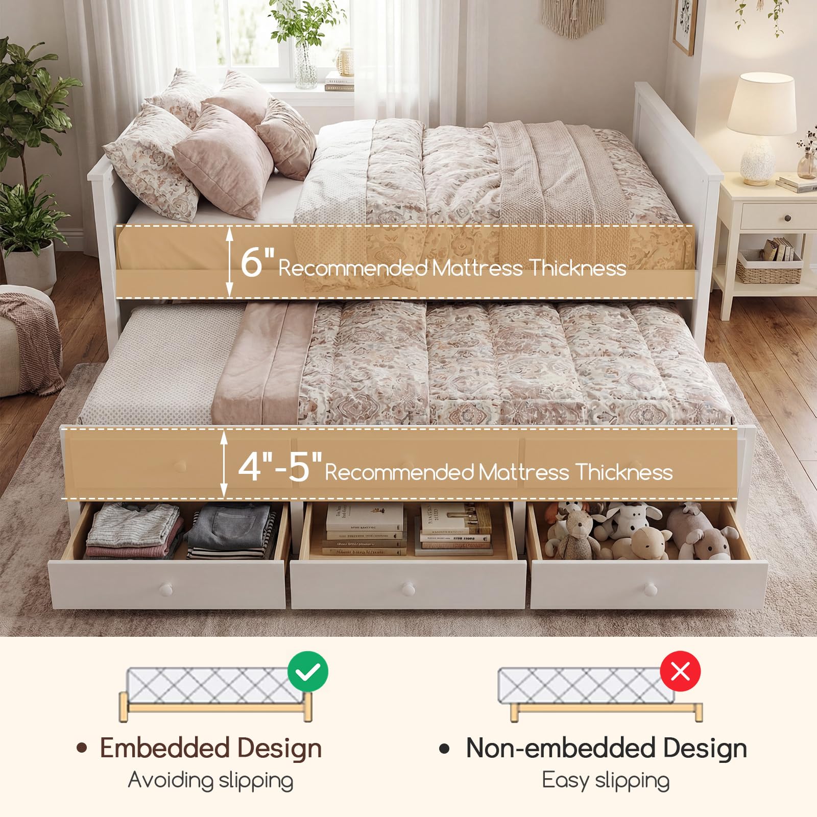 KOMFOTT Wood Full Trundle Bed with 3 Storage Drawers
