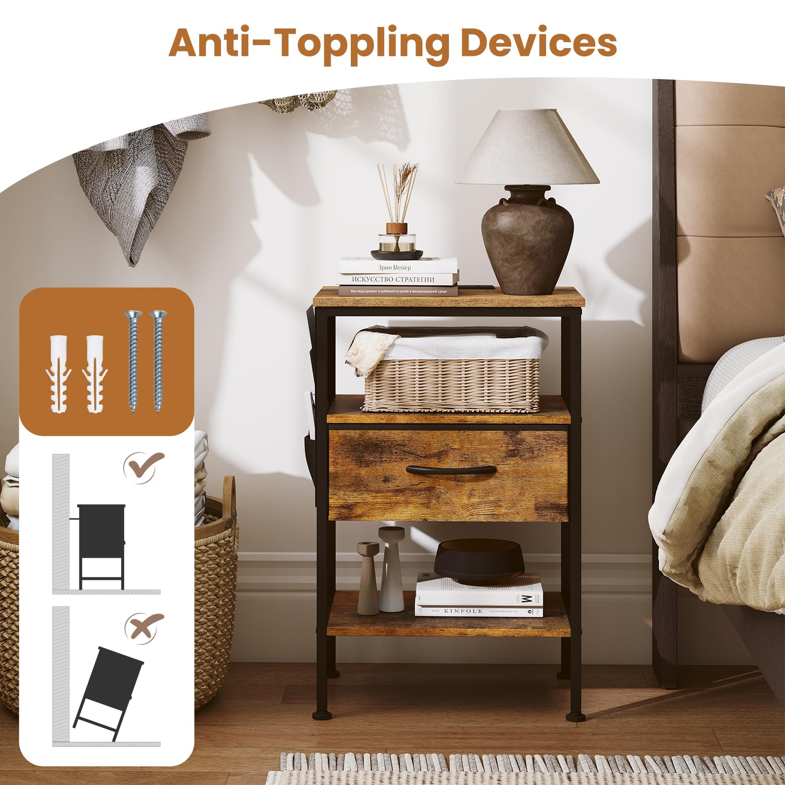 KOMFOTT 1/2 Nightstand with Charging Station 24.5" Modern Bedside Table(1 Drawer)