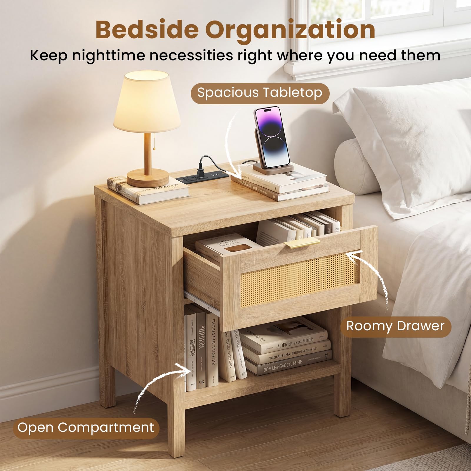 KOMFOTT Rattan Nightstand with Charging Station
