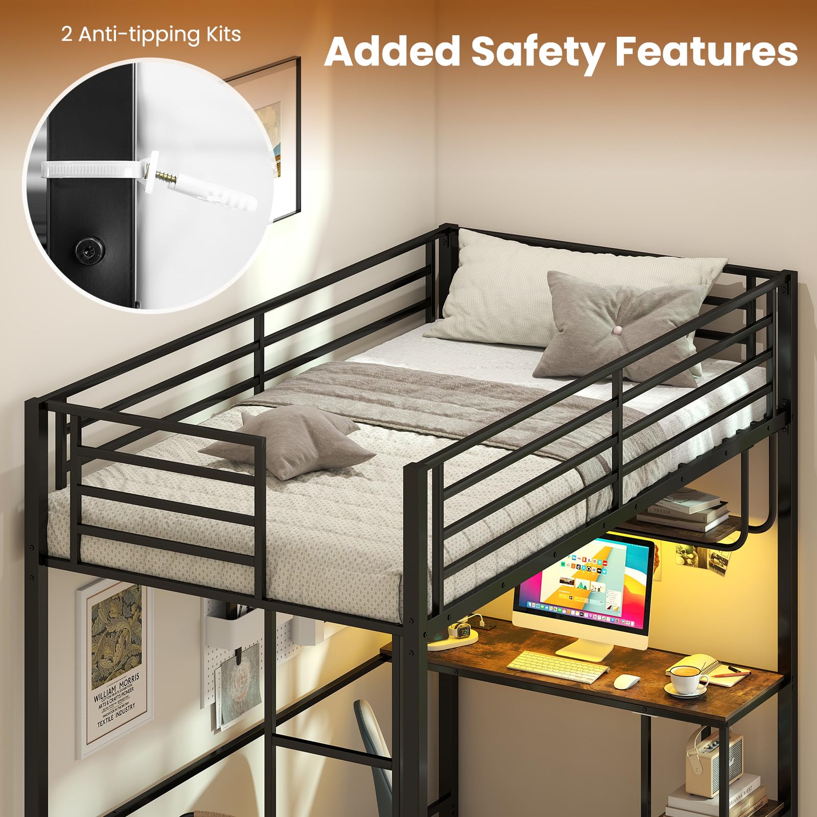 KOMFOTT Twin Loft Bed with Desk LED Lights Charging Station