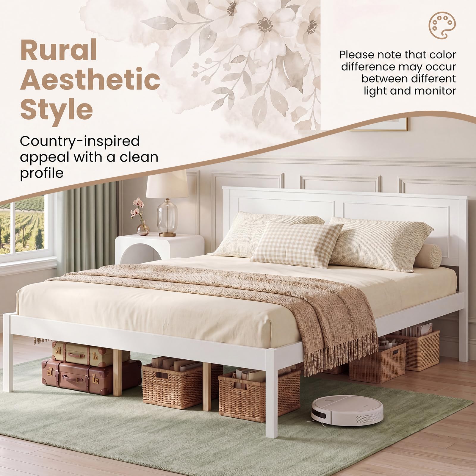 KOMFOTT Queen/Full/Twin Size Bed Frame Farmhouse Wooden Platform Bed