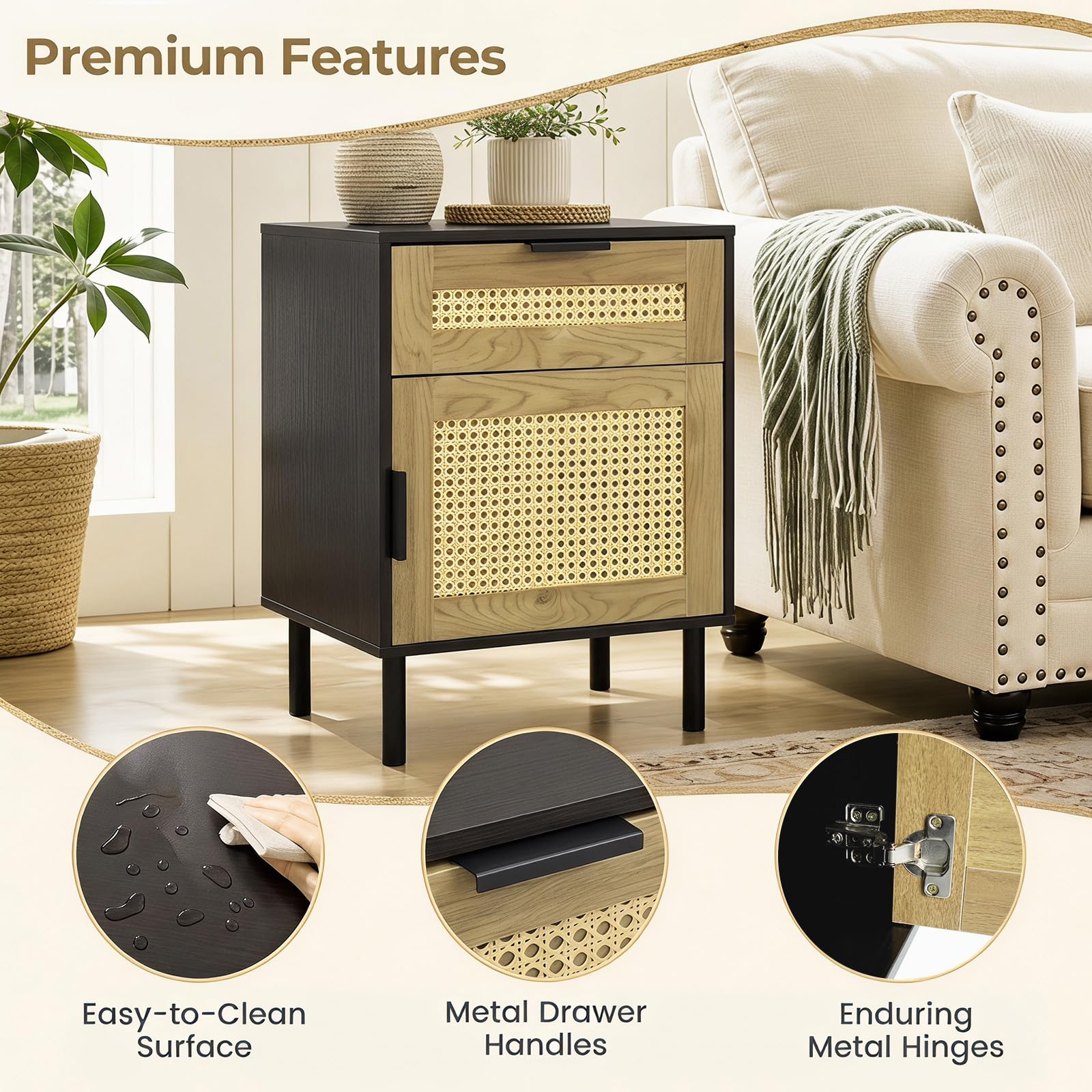 KOMFOTT Set of 2 Rattan Nightstand w/Drawer & Storage Cabinet