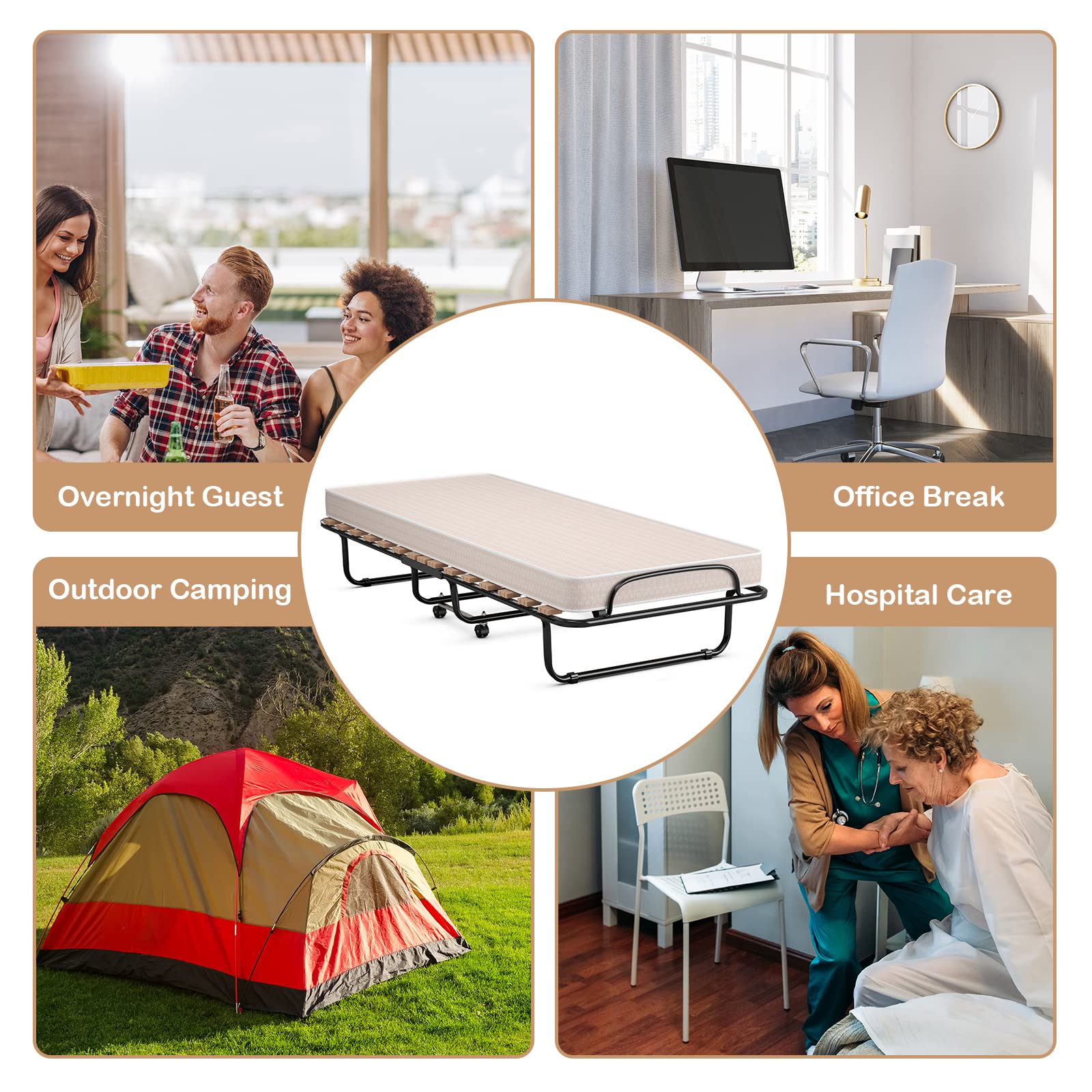 KOMFOTT Folding Bed with Mattress for Adults, Rollaway Guest Beds w/Memory Foam Mattress & Metal Frame