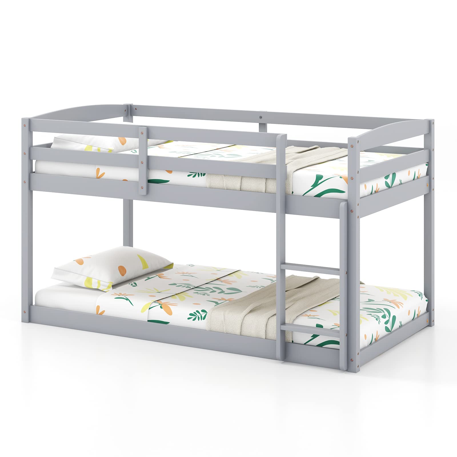KOMFOTT Twin Over Twin Solid Wood Low Bunk Bed with Full Guardrails & Integrated Ladder