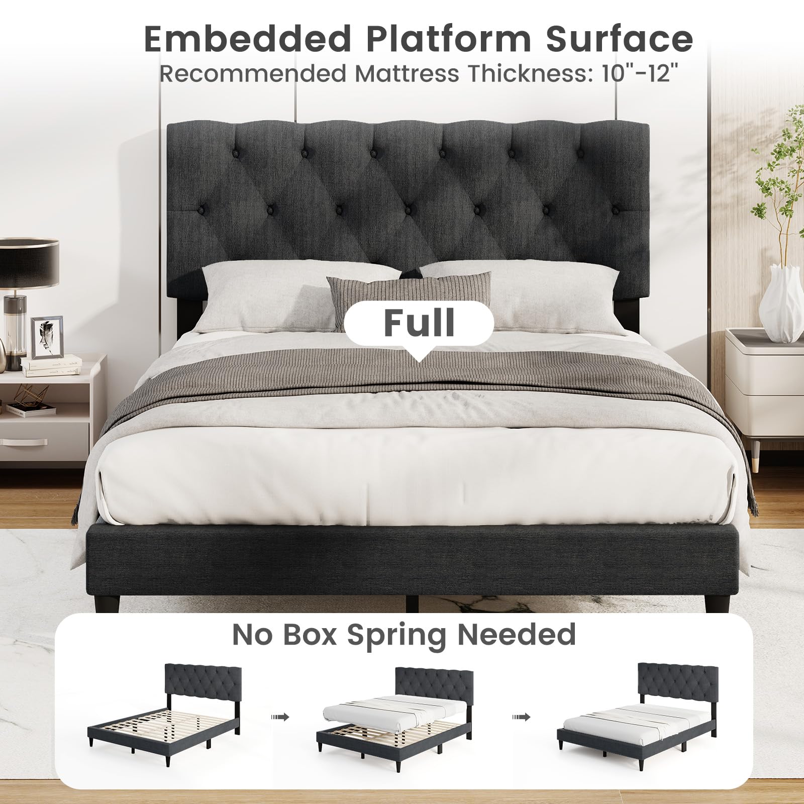 KOMFOTT Upholstered Platform Bed Frame(Diamond Button Tufted)
