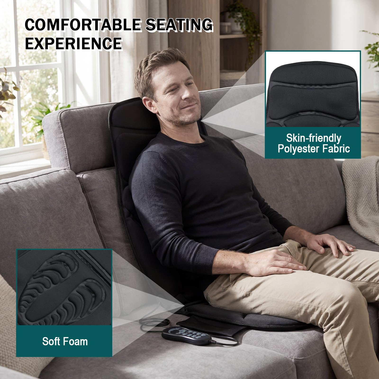 KOMFOTT Massage Seat Cushion Back Massager with Heat Chair Massager, 10 Vibration Nodes & 2 Heat Pads