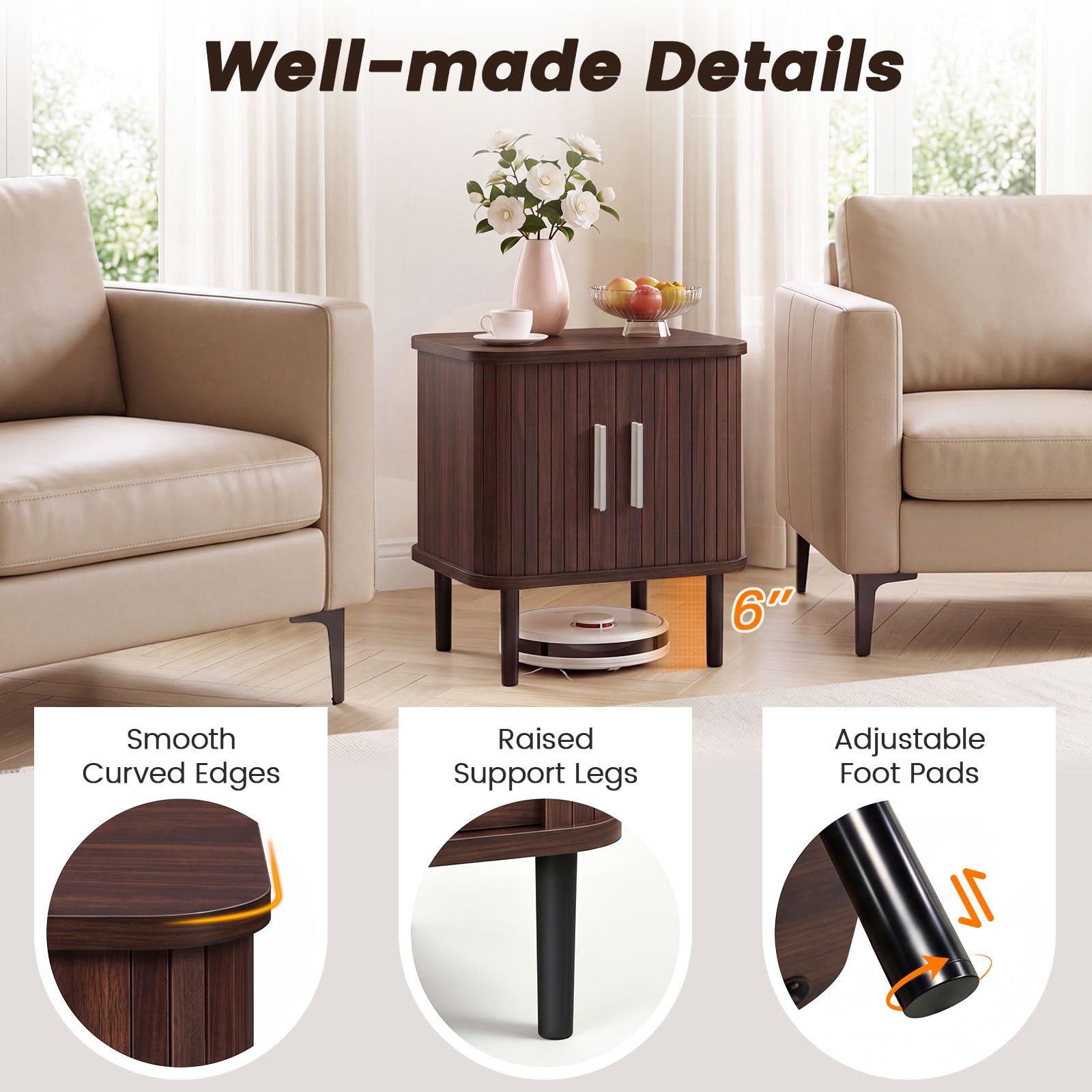 KOMFOTT Fluted Nightstand with Sliding Doors Wood Bedside Table(1/2)