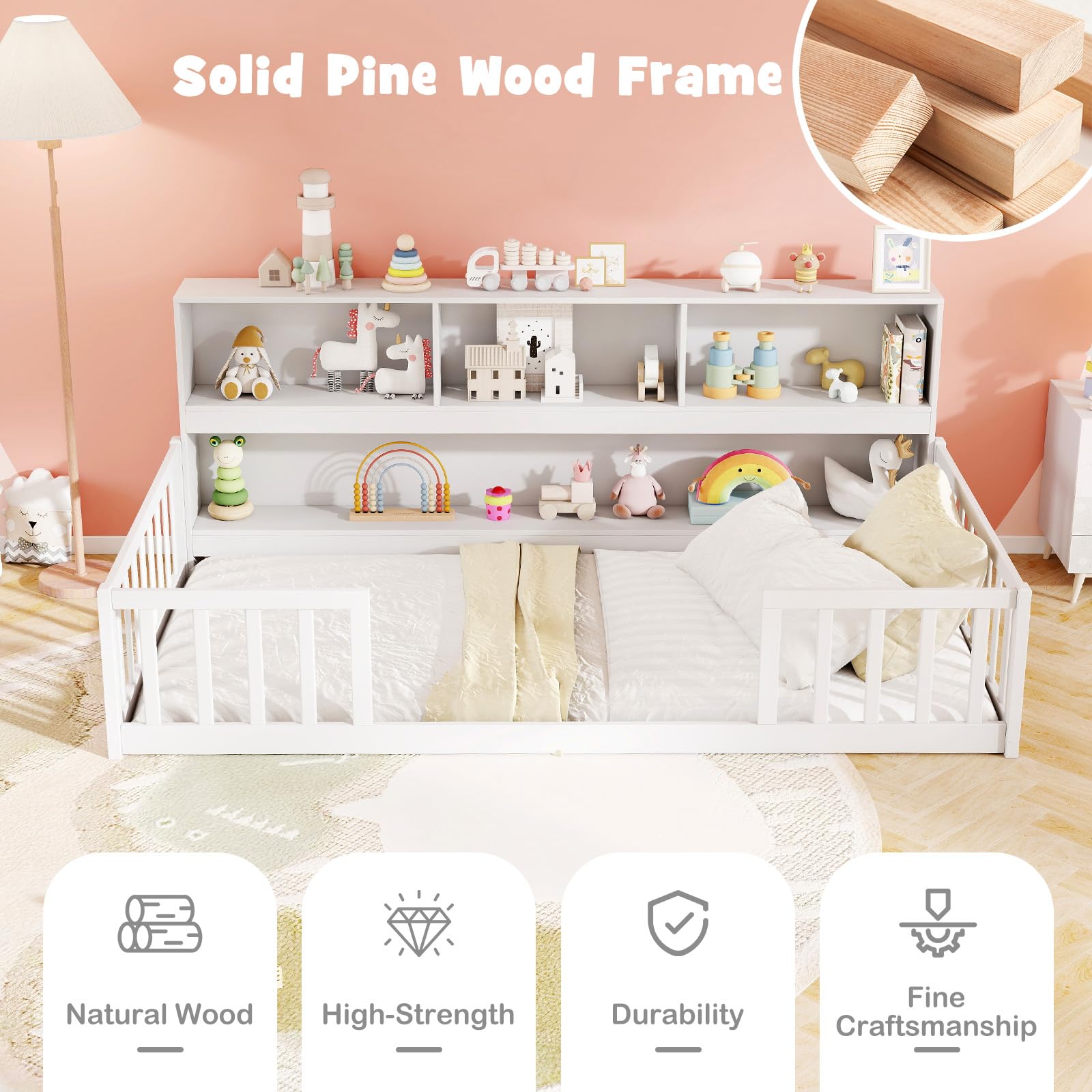 KOMFOTT Twin Floor Bed with Bookcase & Shelves