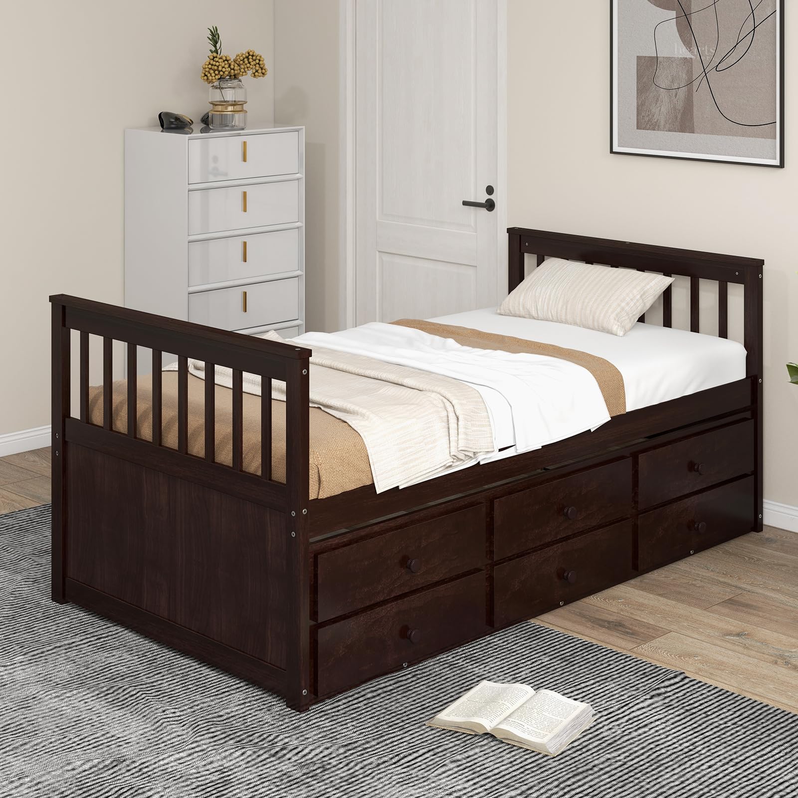 KOMFOTT Twin Captain’s Bed with Trundle Bed, Wood Storage Daybed with 3 Storage Drawers